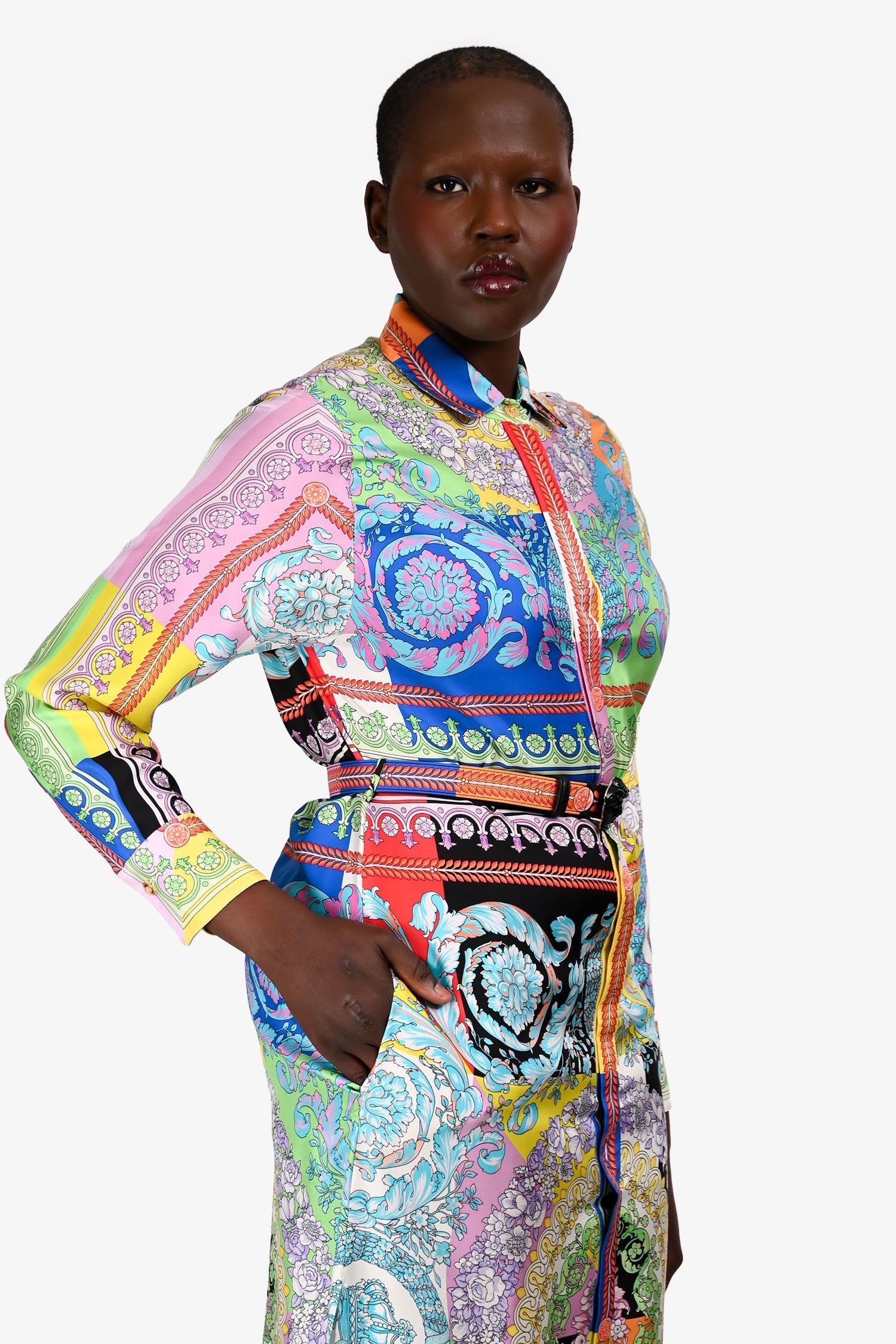 Versace Multicolour Silk Graphic Print Shirt Midi Dress With Belt Size 40
