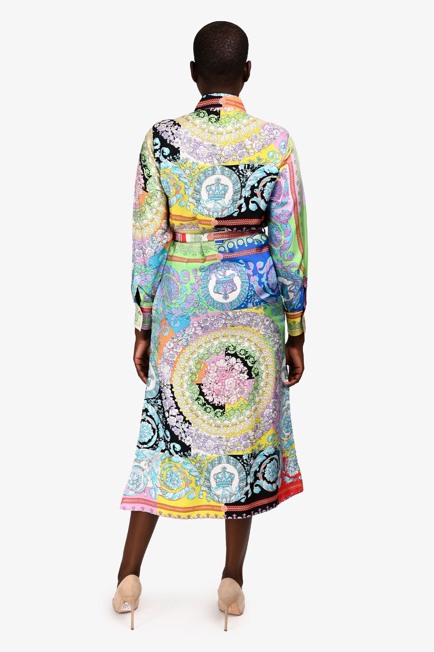 Versace Multicolour Silk Graphic Print Shirt Midi Dress With Belt Size 40