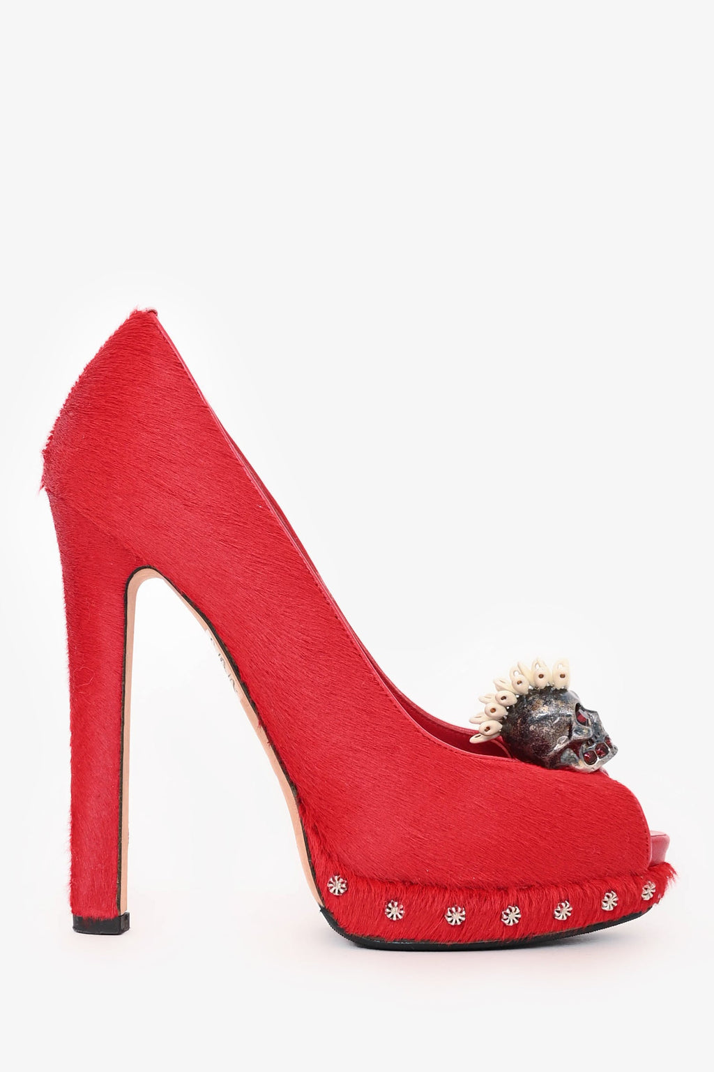 Alexander McQueen Red Ponyhair Calfskin Peep Toe Heels Size 36
