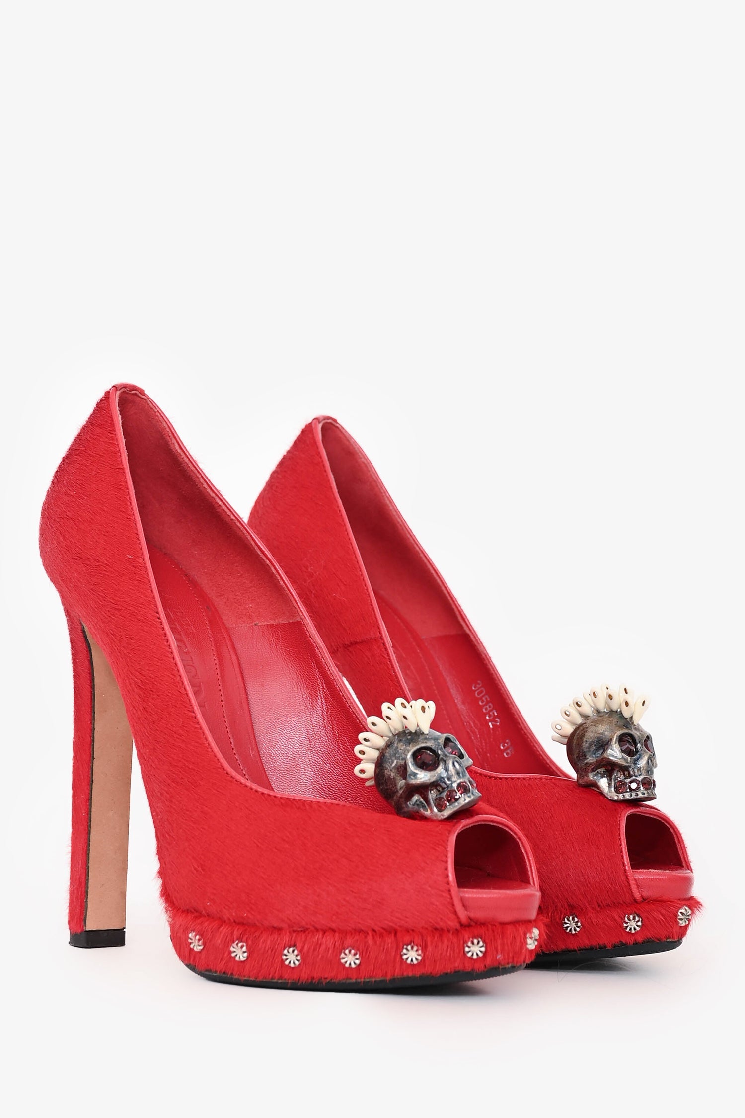 Alexander McQueen Red Ponyhair Calfskin Peep Toe Heels Size 36
