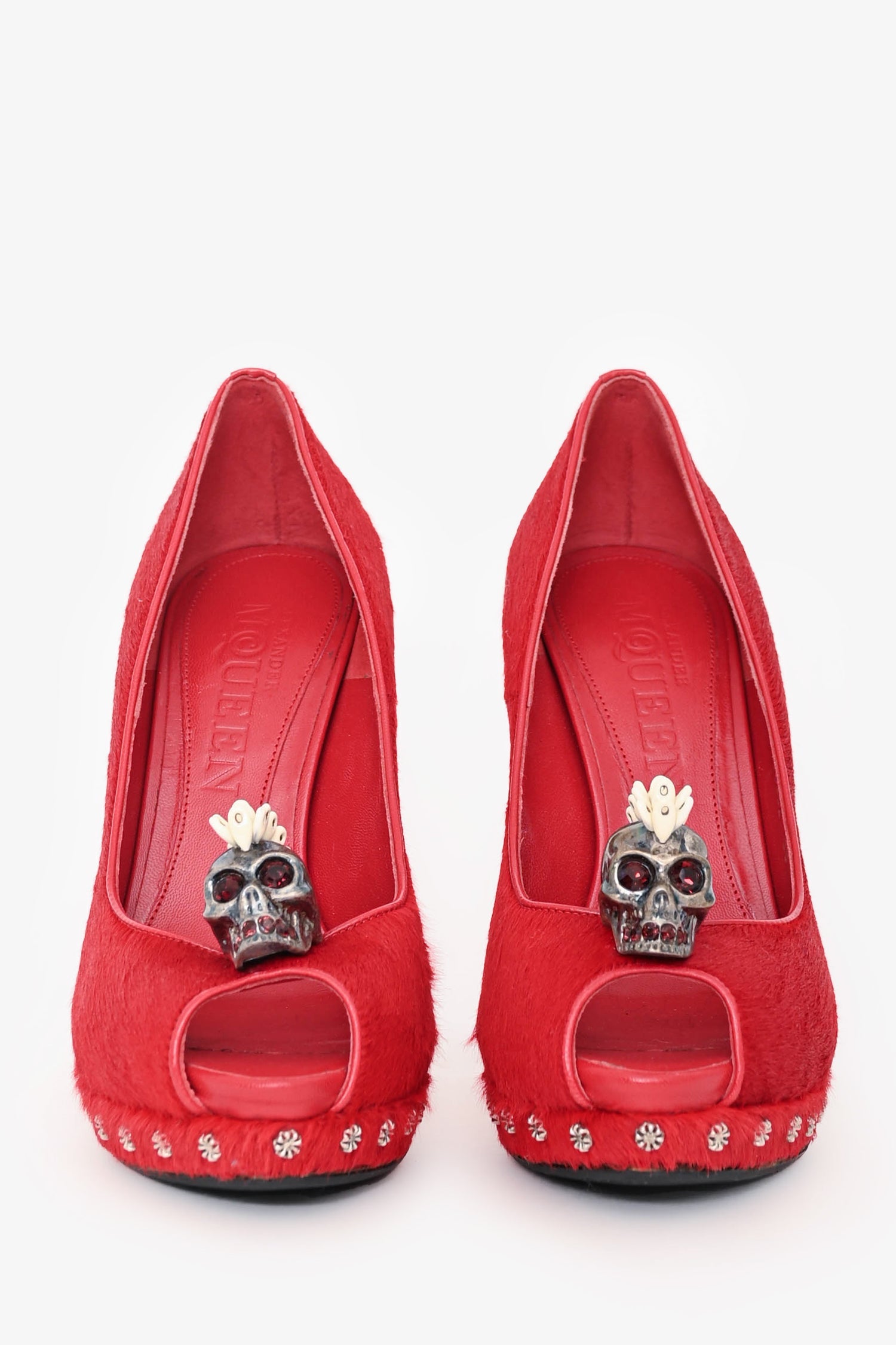 Alexander McQueen Red Ponyhair Calfskin Peep Toe Heels Size 36