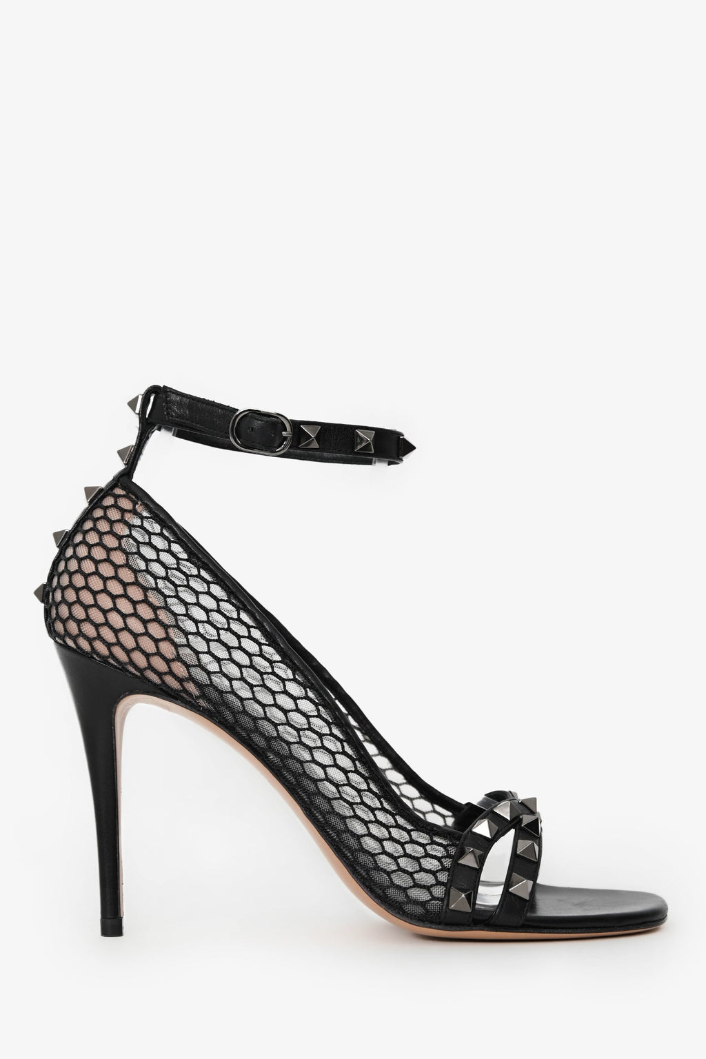 Valentino Black Leather Alcove Rockstud Mesh Sandals Size 38.5