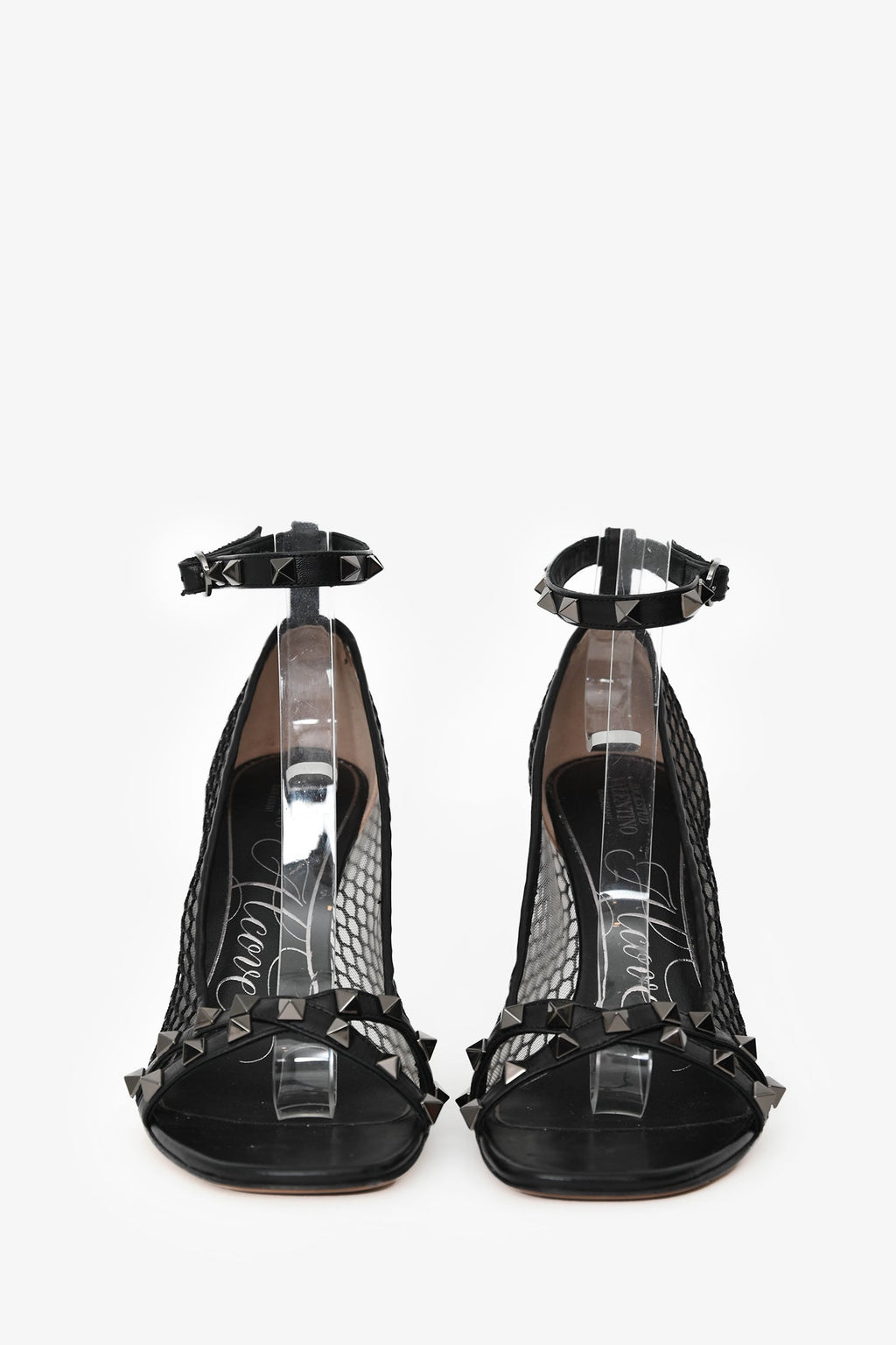 Valentino Black Leather Alcove Rockstud Mesh Sandals Size 38.5