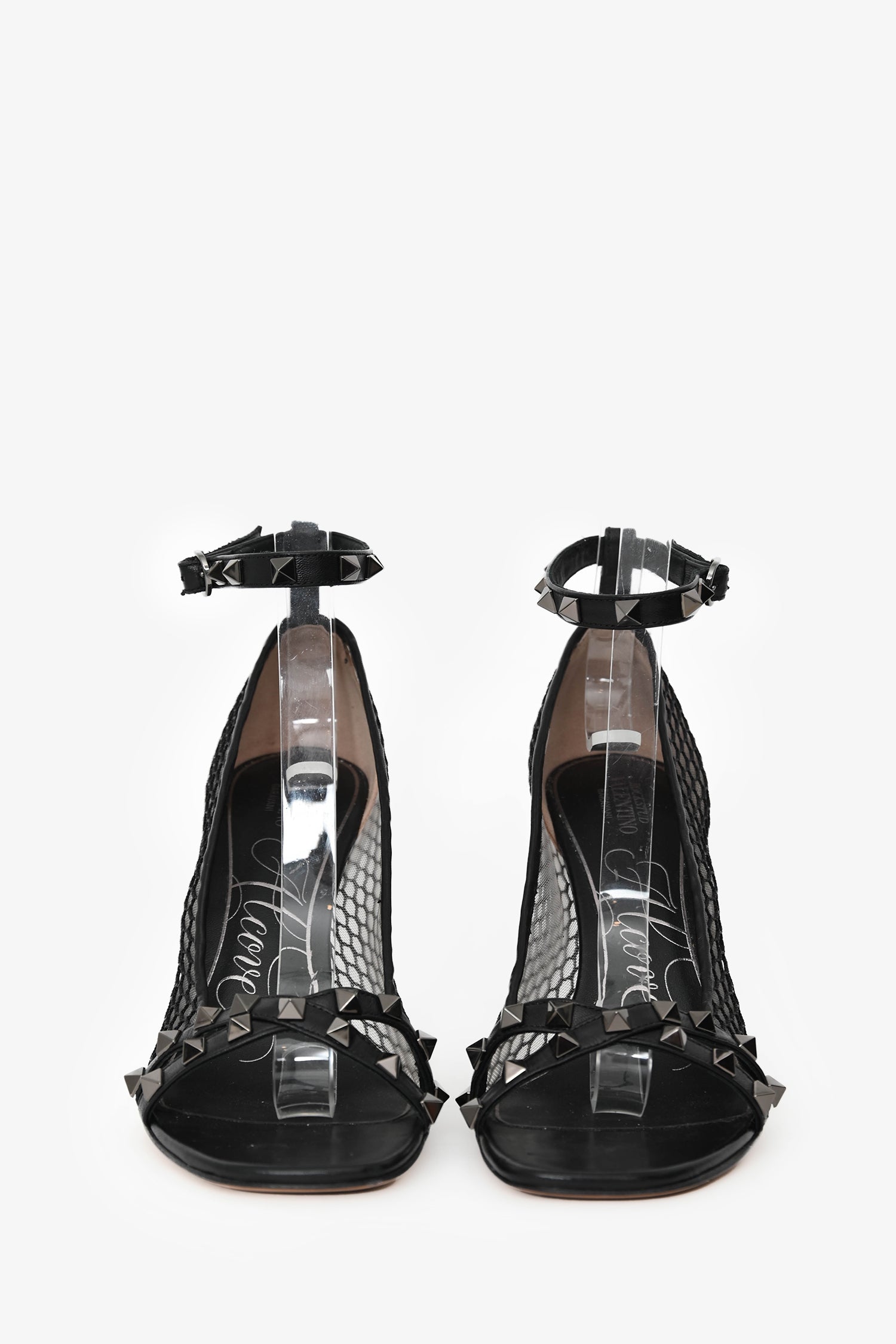 Valentino Black Leather Alcove Rockstud Mesh Sandals Size 38.5