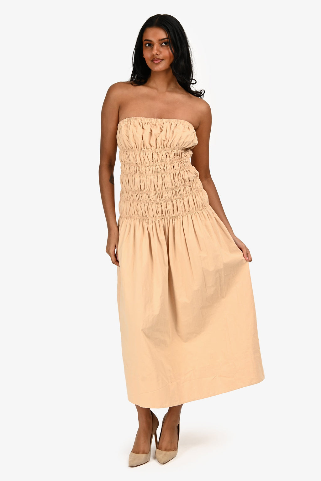 Majorelle Beige 'Vanna' Ruched Strapless Midi Dress Size S