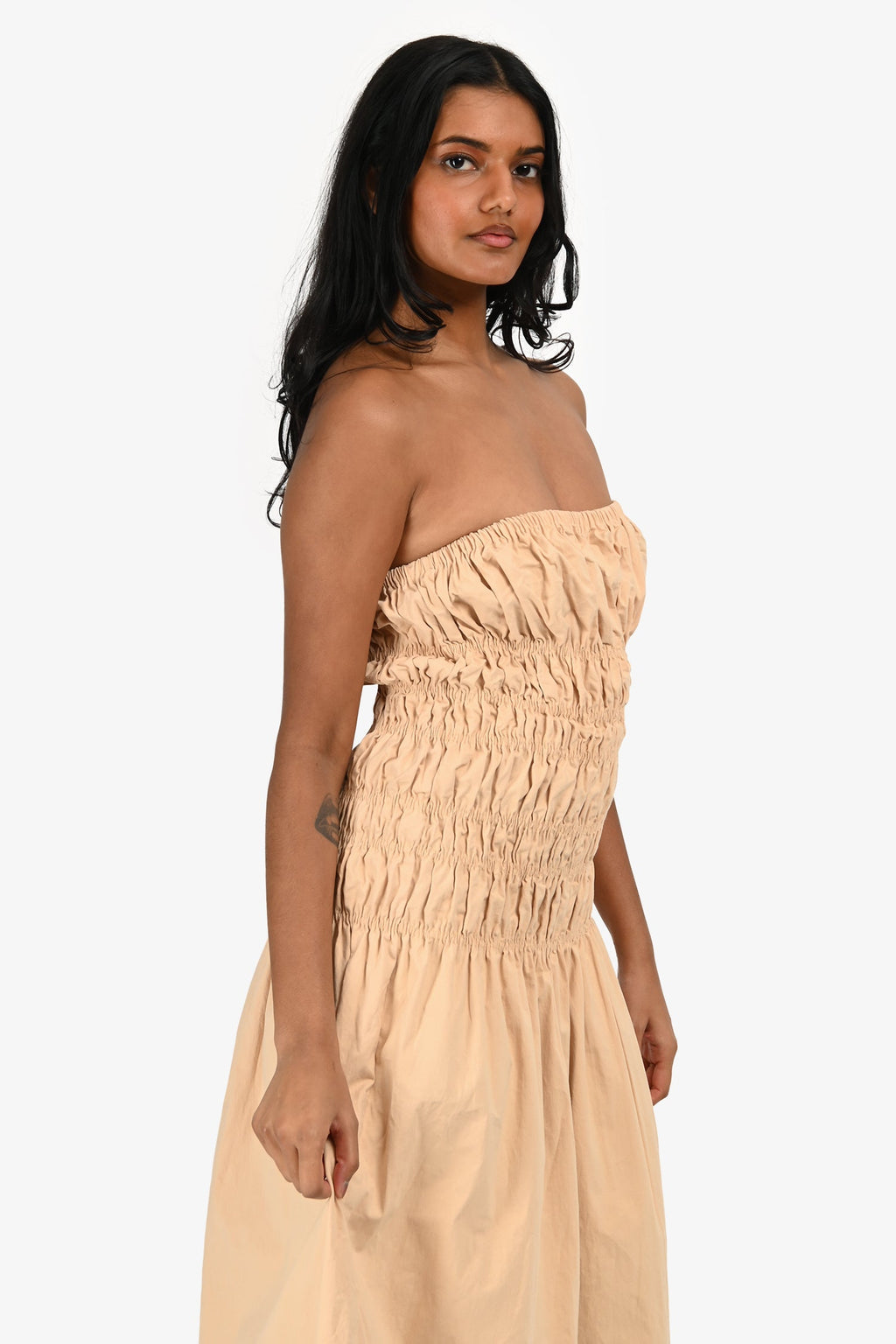 Majorelle Beige 'Vanna' Ruched Strapless Midi Dress Size S