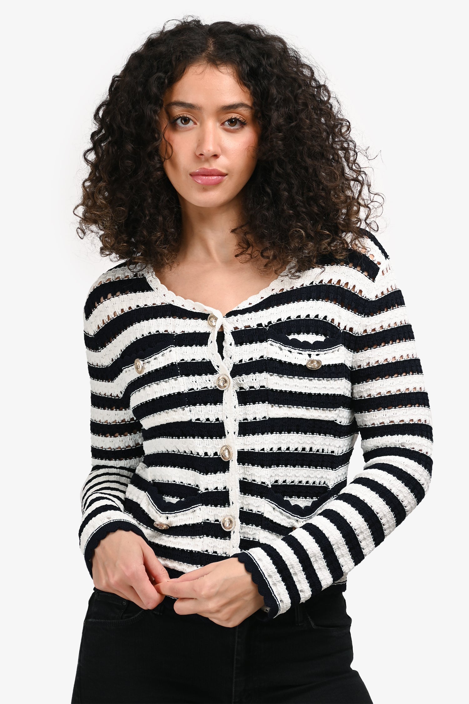 Maje Navy/White Striped Crochet Knit Button-Up Long Sleeve igan Size 1