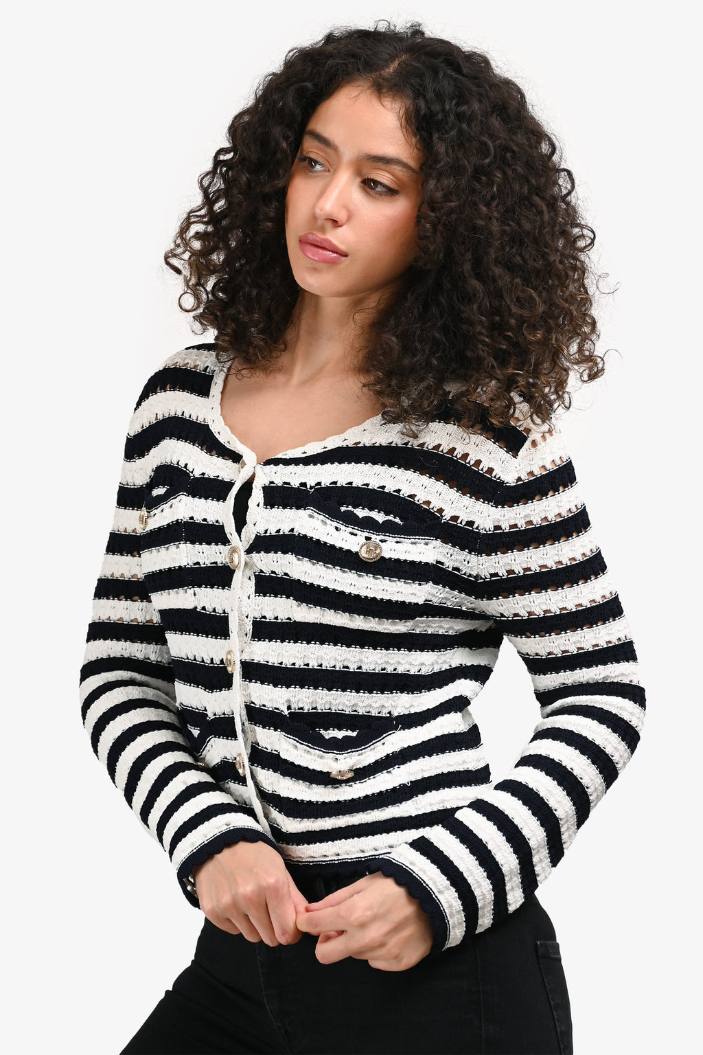 Maje Navy/White Striped Crochet Knit Button-Up Long Sleeve igan Size 1