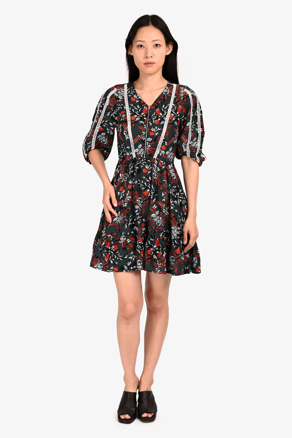 Maje Green/Red Floral Zip-Up Midi Dress Size 1