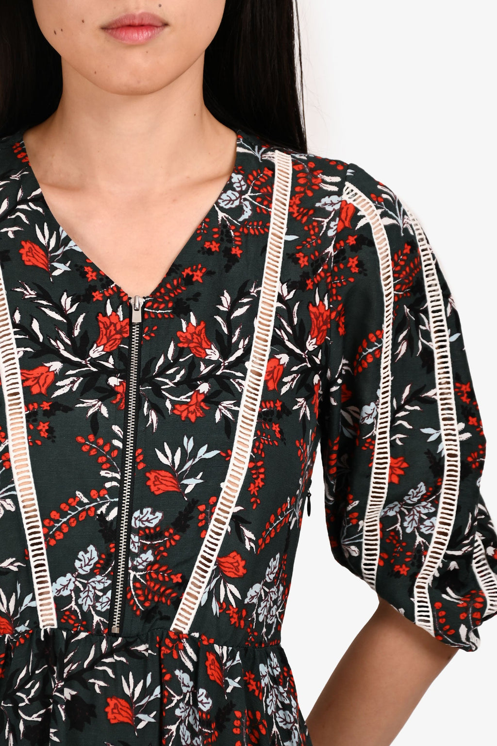 Maje Green/Red Floral Zip-Up Midi Dress Size 1