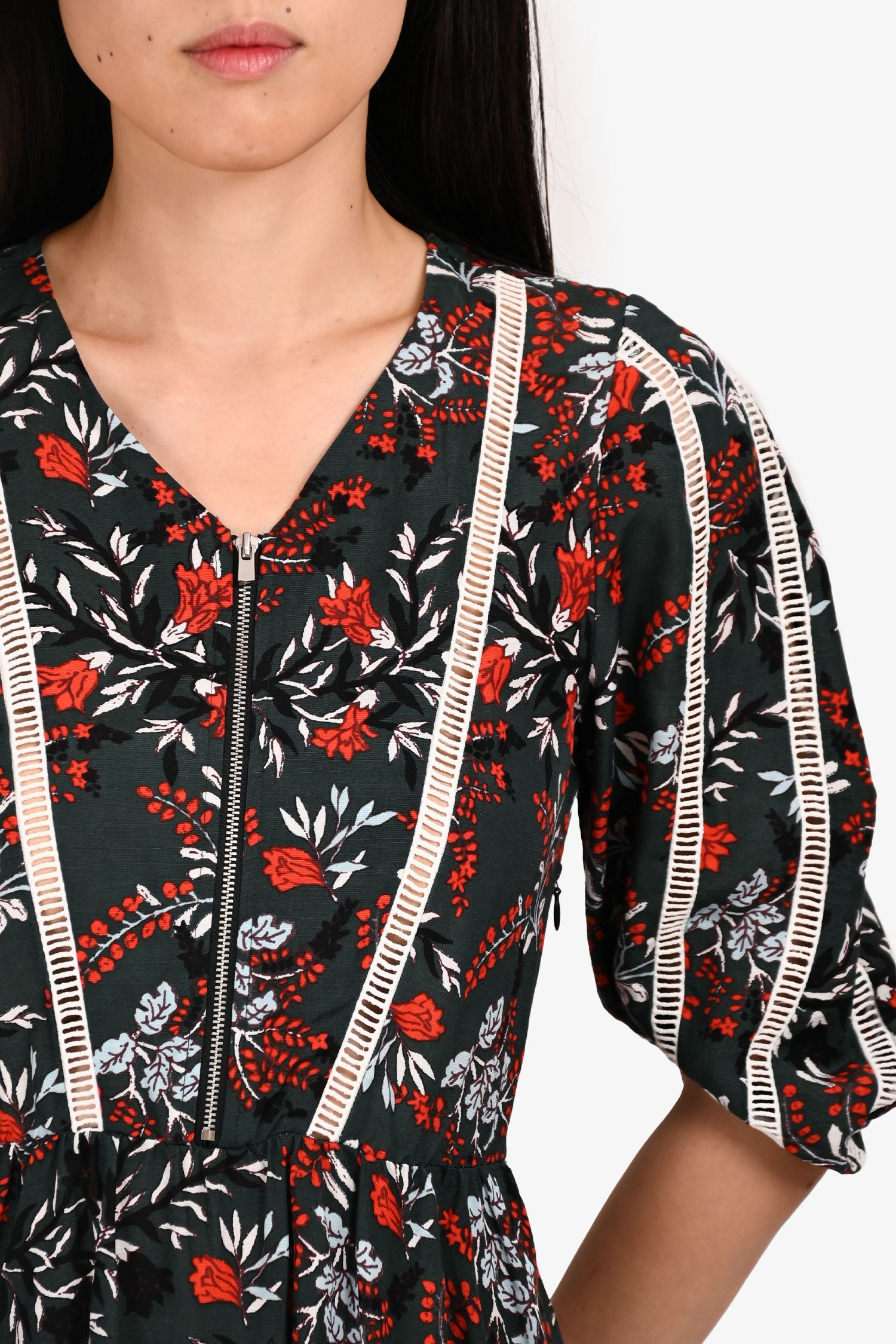 Maje Green/Red Floral Zip-Up Midi Dress Size 1