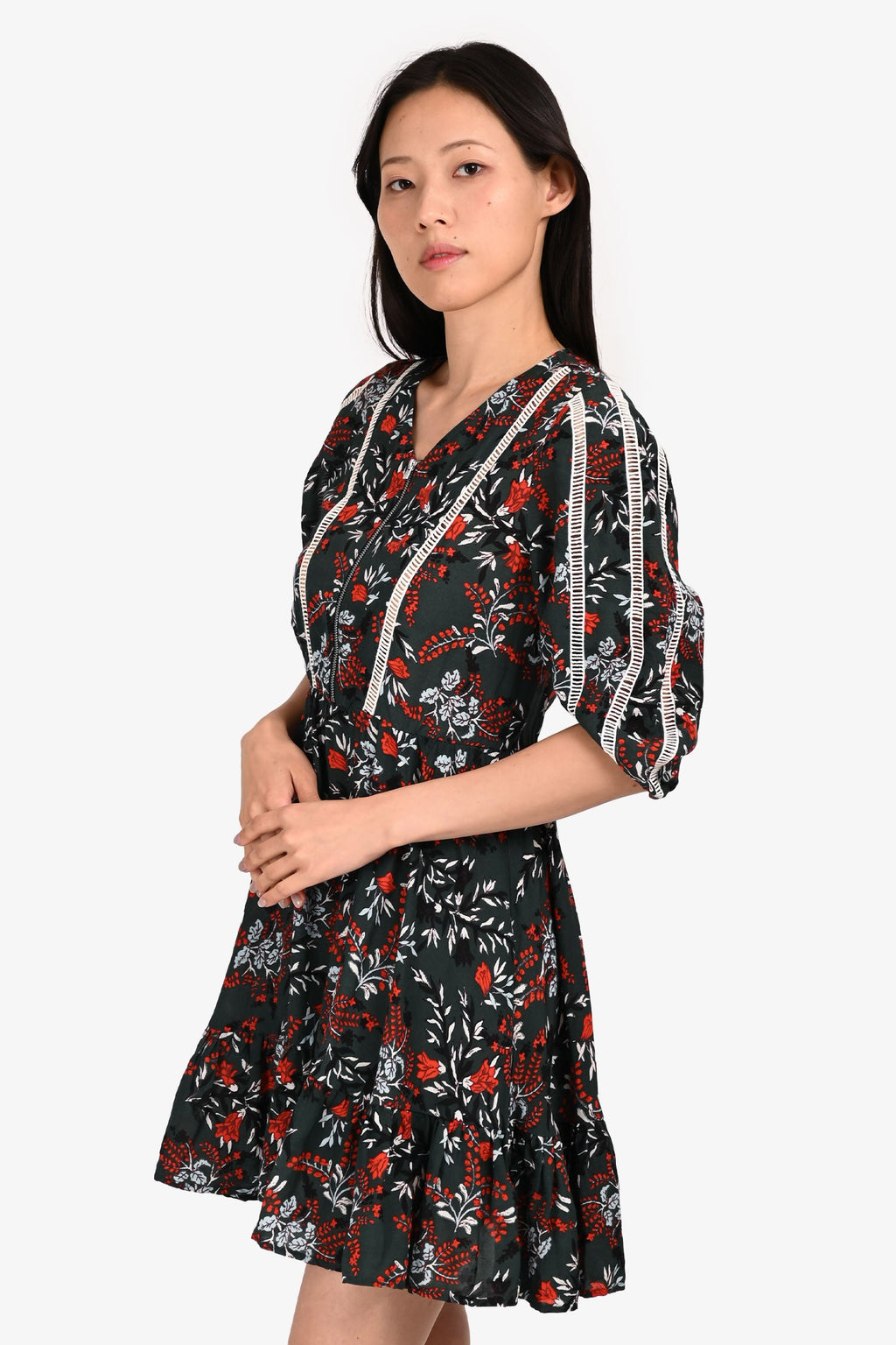 Maje Green/Red Floral Zip-Up Midi Dress Size 1