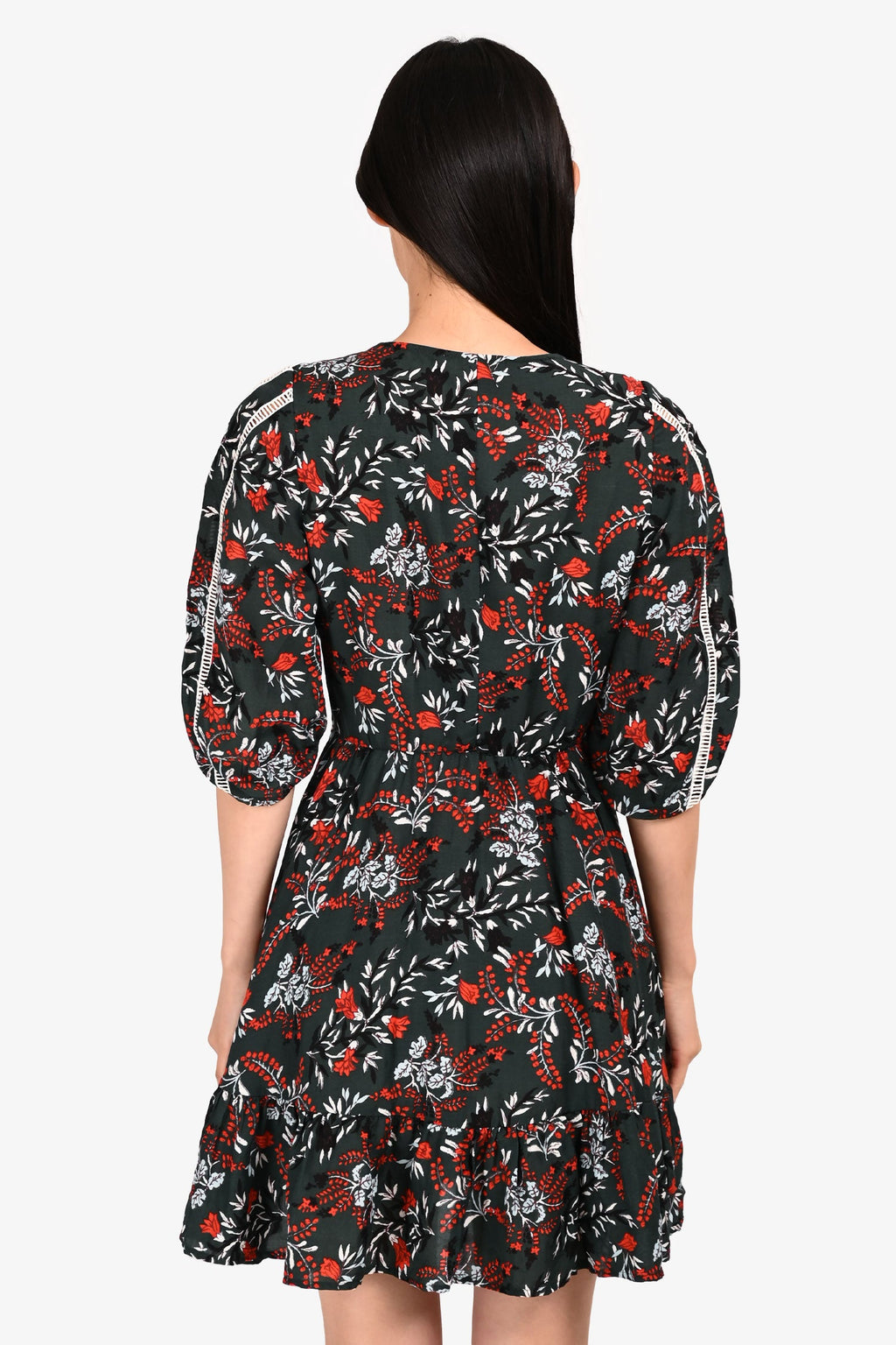 Maje Green/Red Floral Zip-Up Midi Dress Size 1