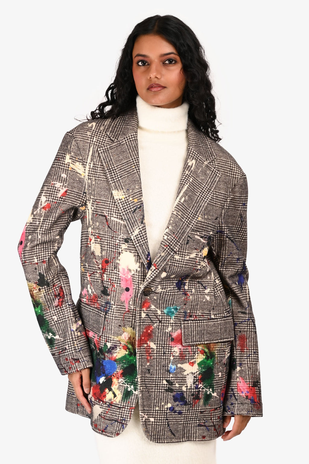 R13 Brown/Multicolour Tweed Paint Splatter Wool Blazer Size XS