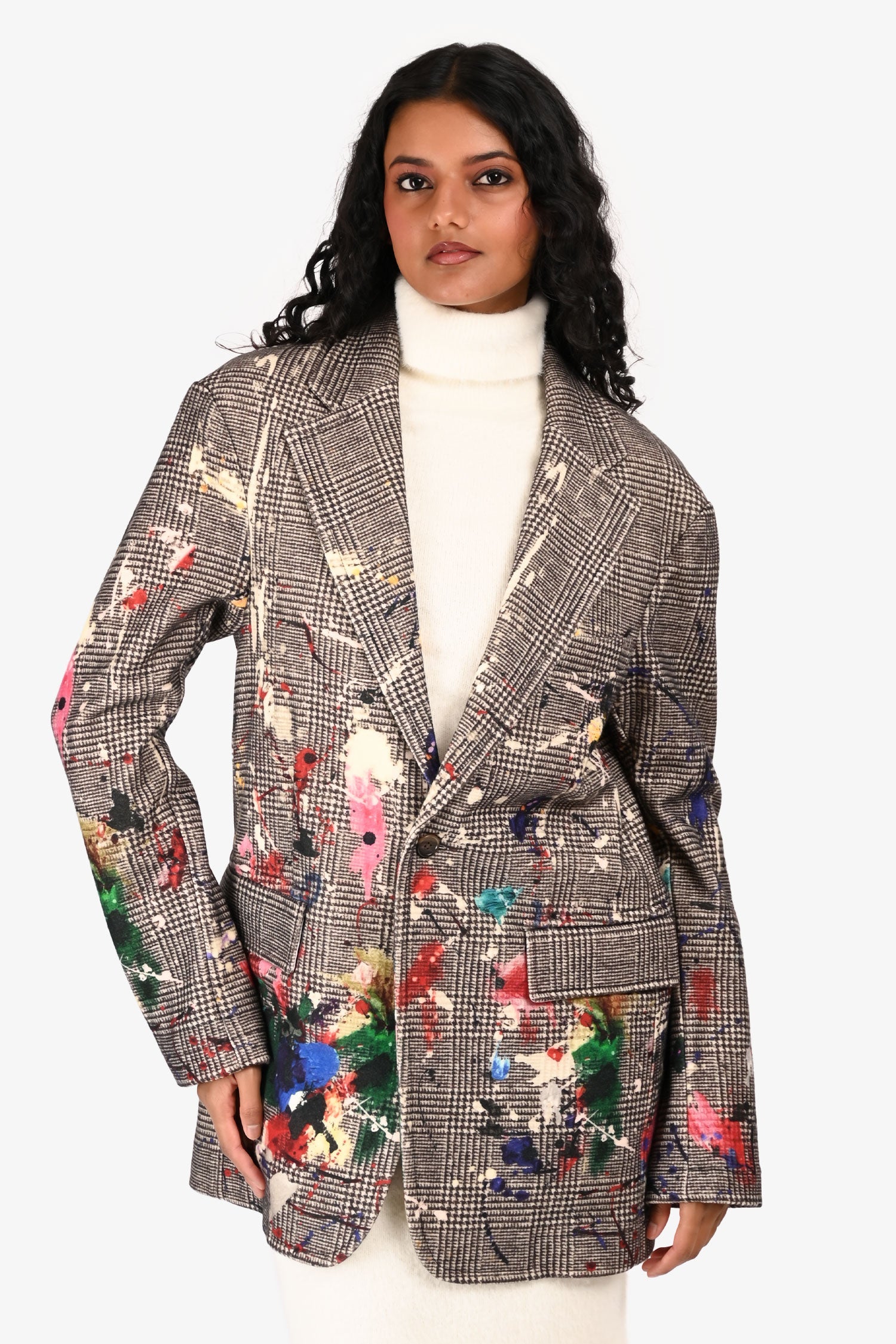 R13 Brown/Multicolour Tweed Paint Splatter Wool Blazer Size XS