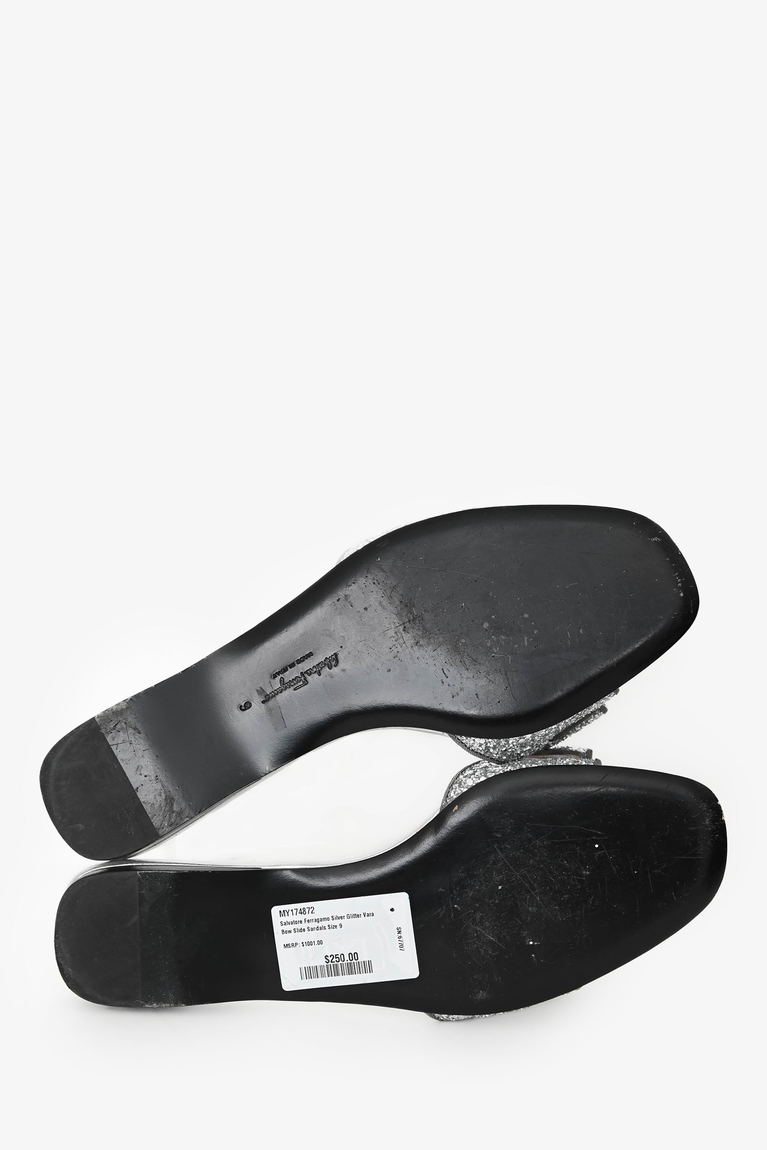 Salvatore Ferragamo Silver Glitter Vara Bow Slide Sandals Size 9