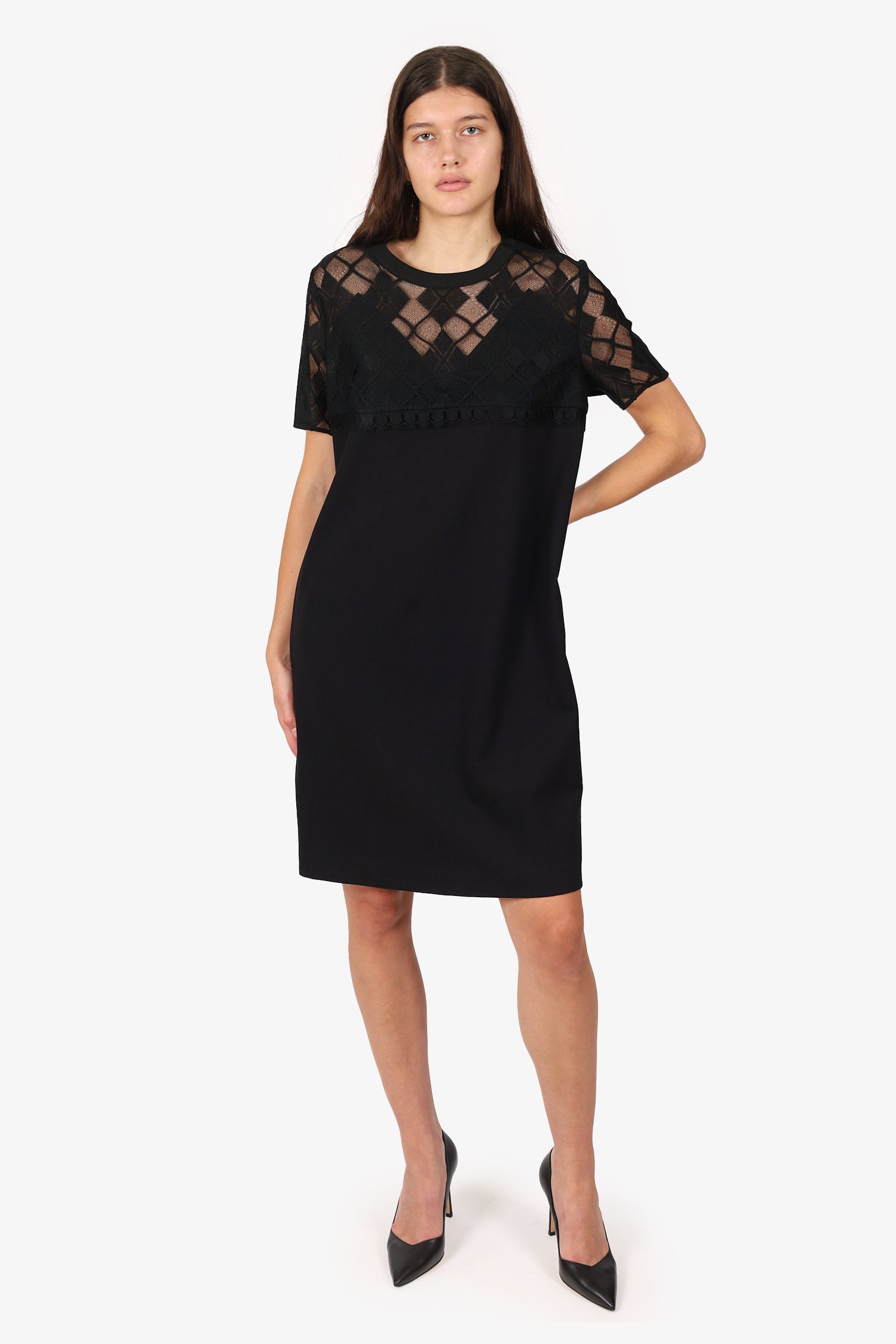 Escada Black Lace Detail Short Sleeve Dress Size 42