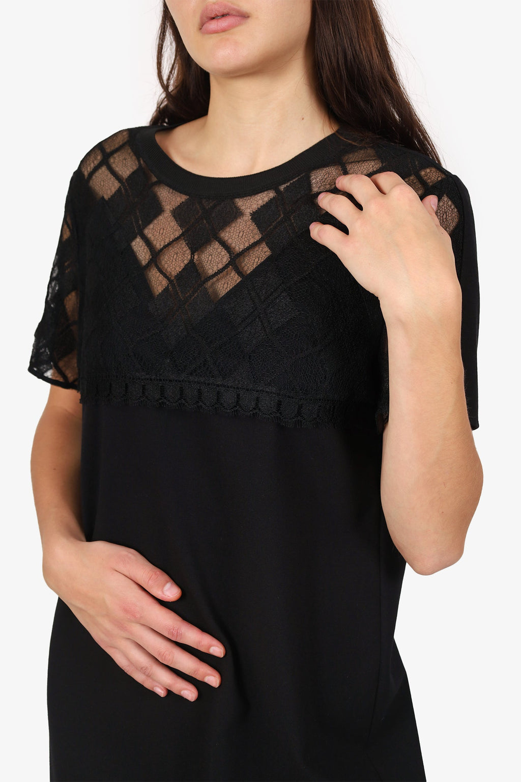 Escada Black Lace Detail Short Sleeve Dress Size 42