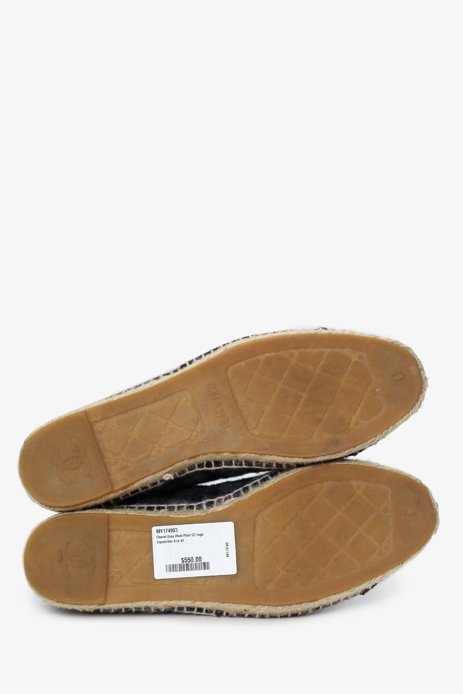 Pre-Loved Chanel™ Grey Wool Plaid CC Logo Espadrilles Size 41