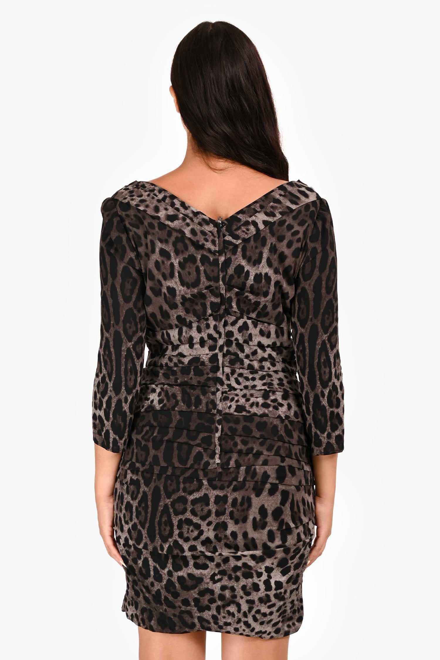 Dolce & Gabbana Grey/Black Leopard Print Ruched Long Sleeve Midi Dress Size 46