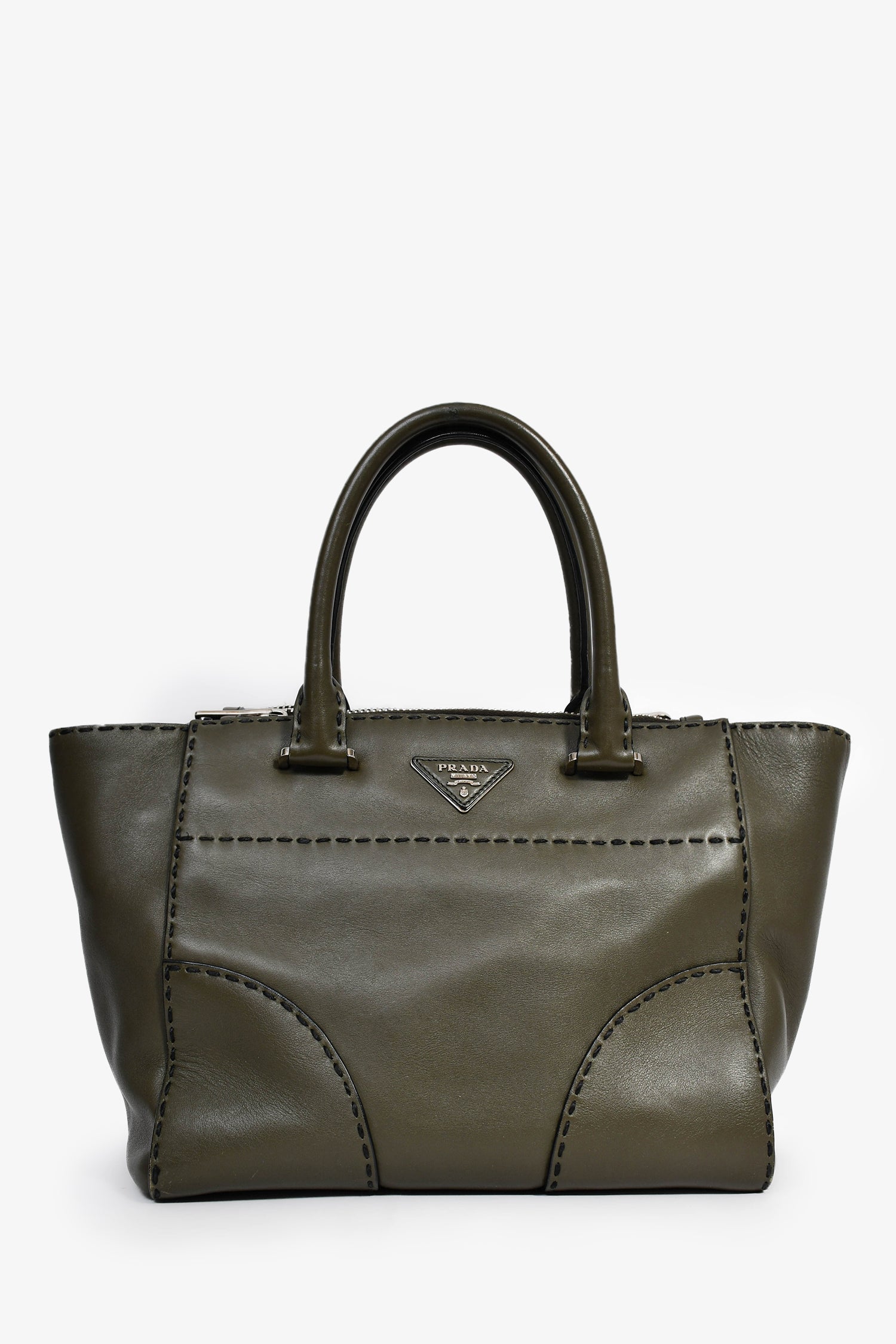 Prada Army Green Leather Double Zip Top Handle Tote Bag with Strap