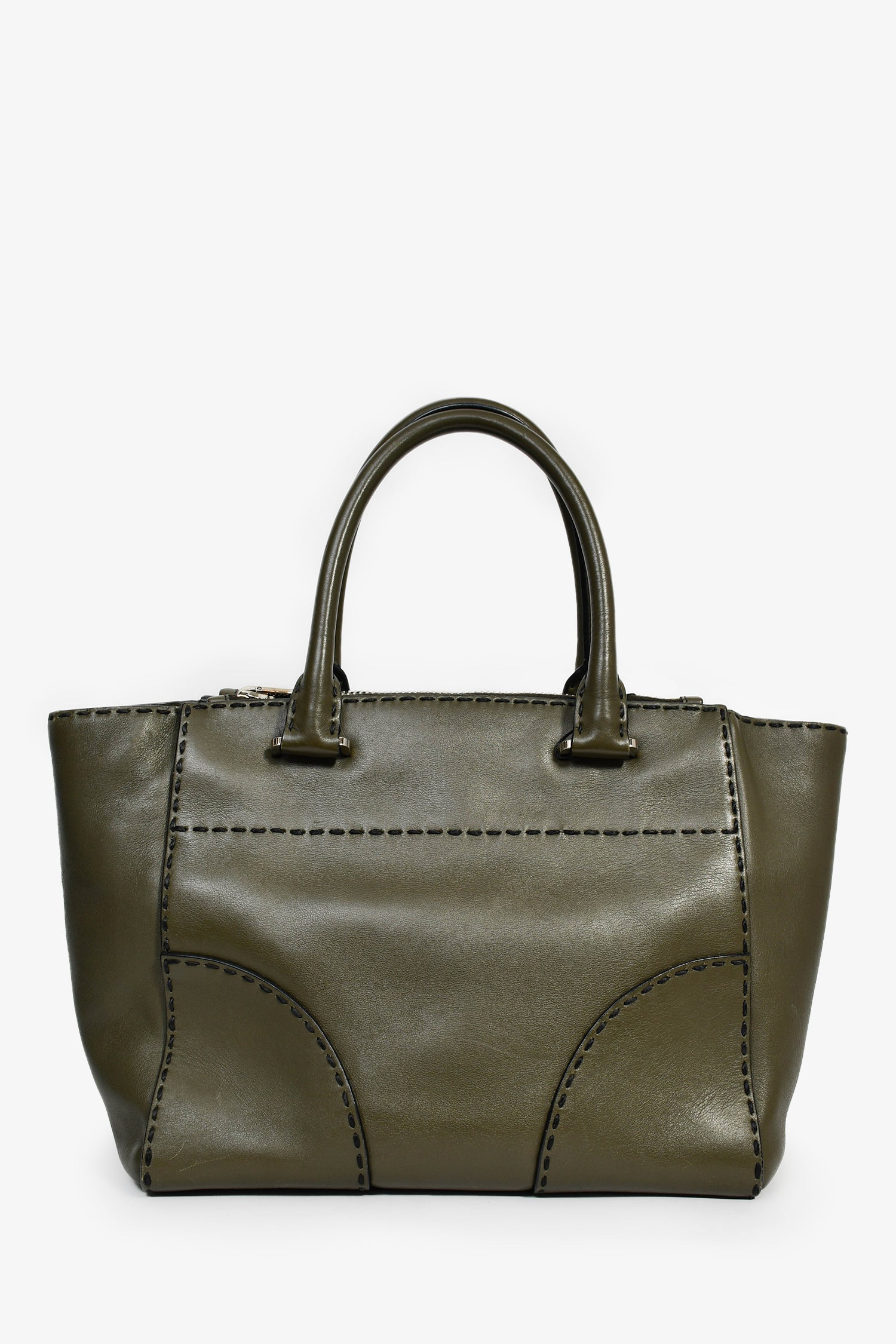 Prada Army Green Leather Double Zip Top Handle Tote Bag with Strap
