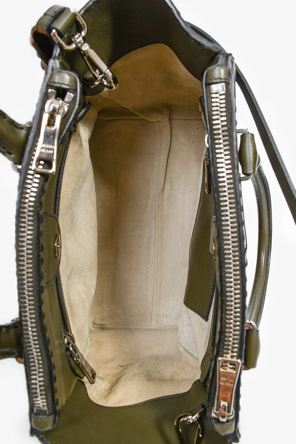 Prada Army Green Leather Double Zip Top Handle Tote Bag with Strap