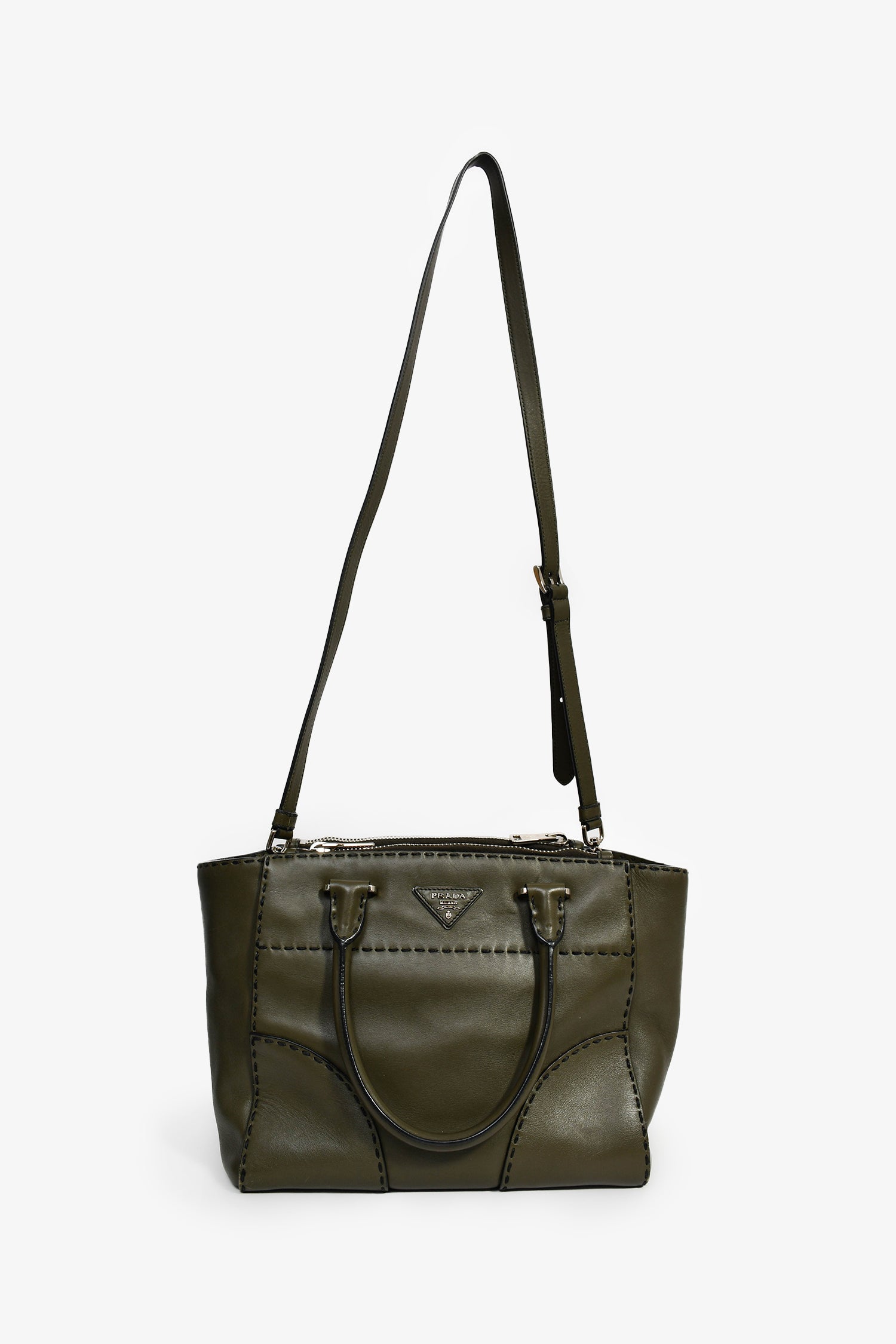 Prada Army Green Leather Double Zip Top Handle Tote Bag with Strap