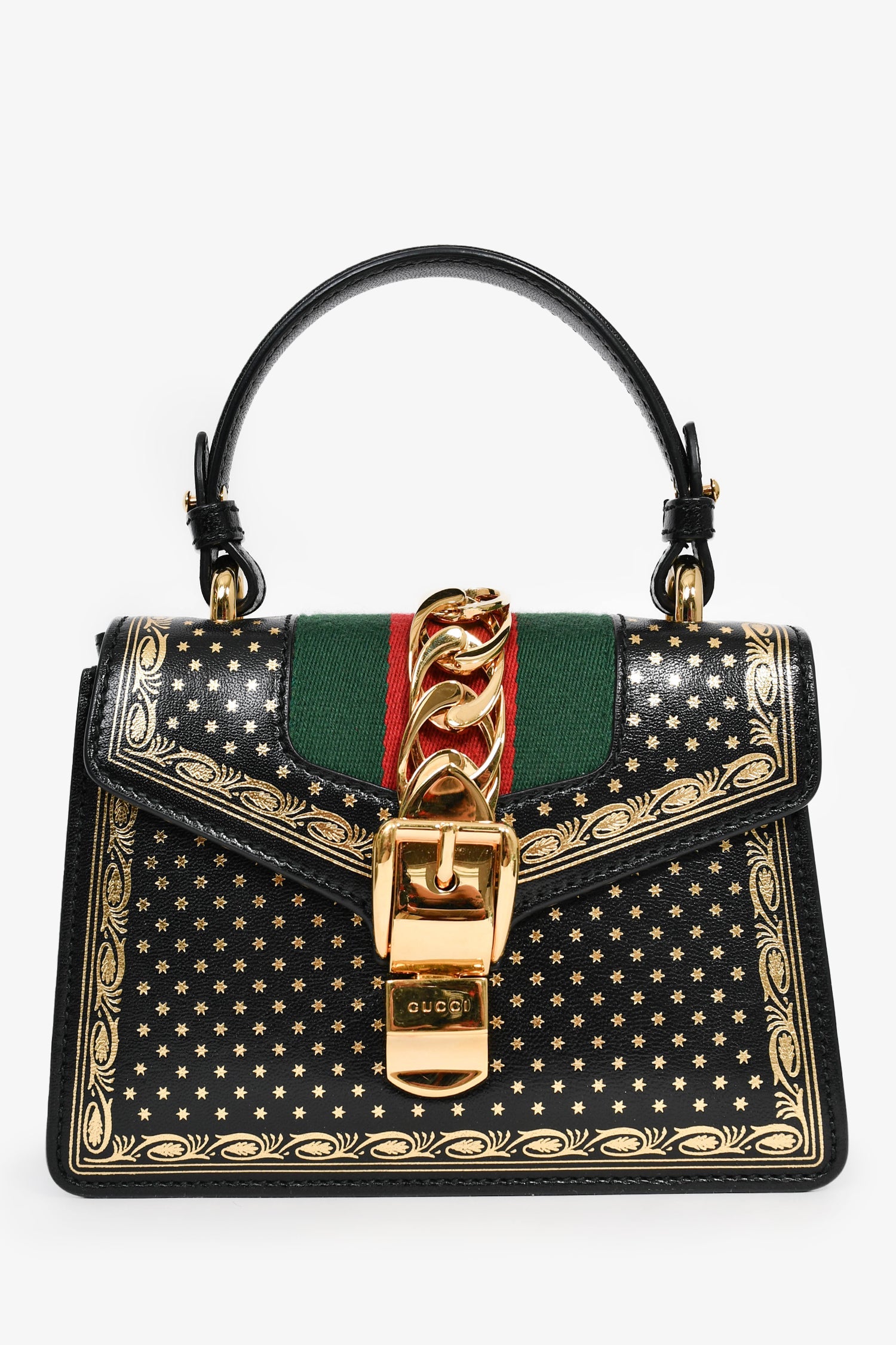 Gucci Limited Edition Black Leather Gold Star Mini Sylvie Top Handle