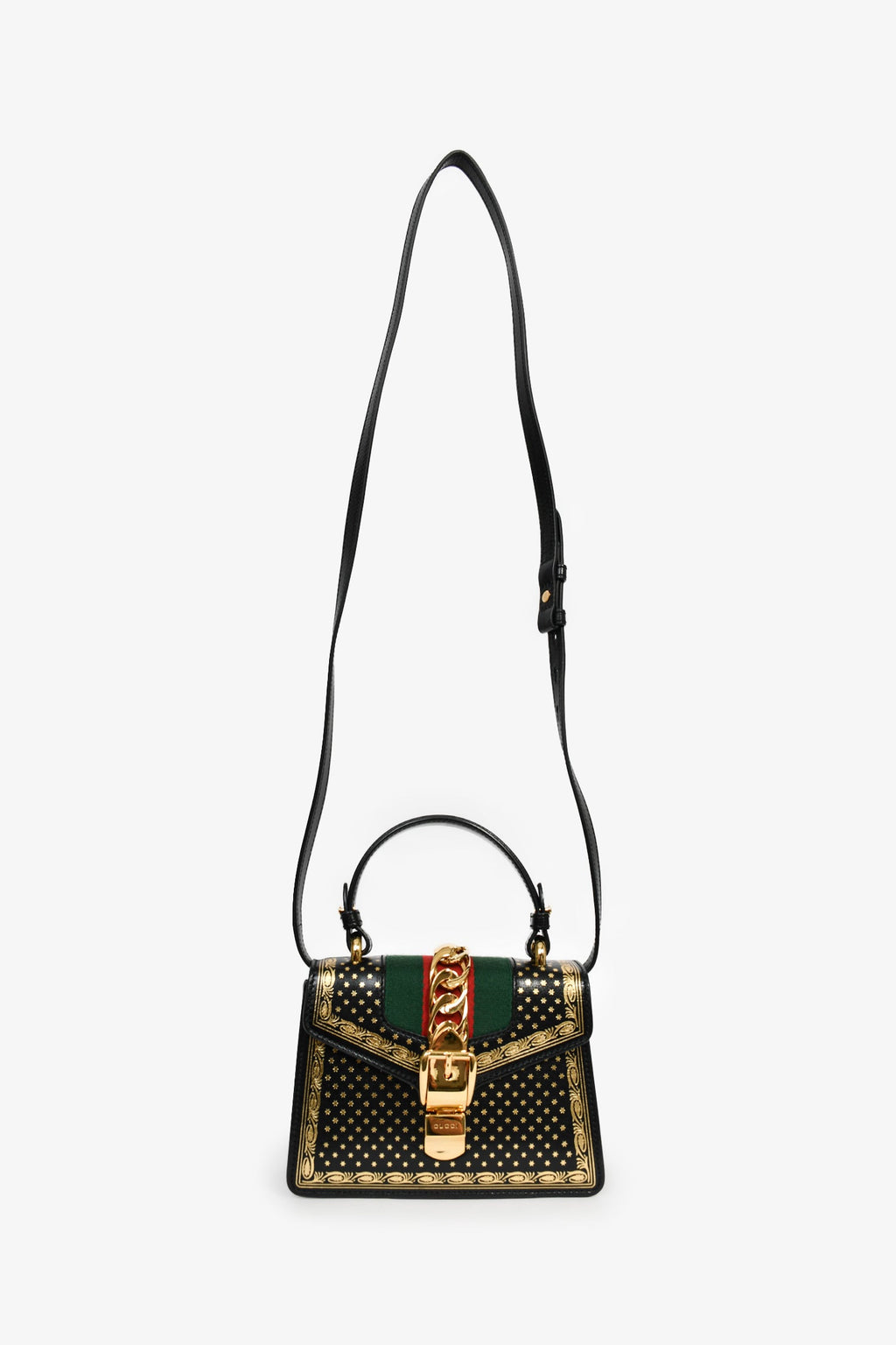 Gucci Limited Edition Black Leather Gold Star Mini Sylvie Top Handle