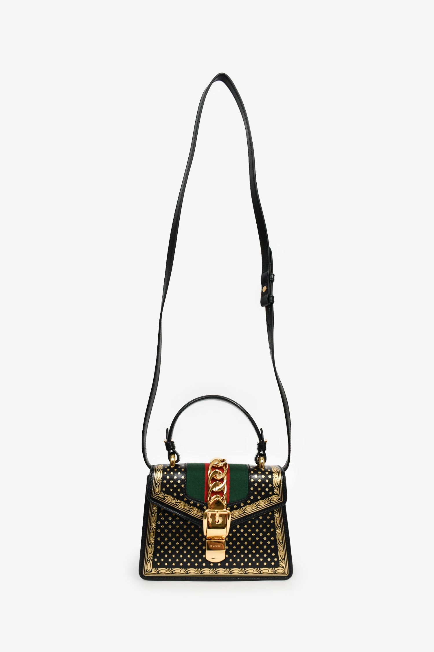 Gucci Limited Edition Black Leather Gold Star Mini Sylvie Top Handle