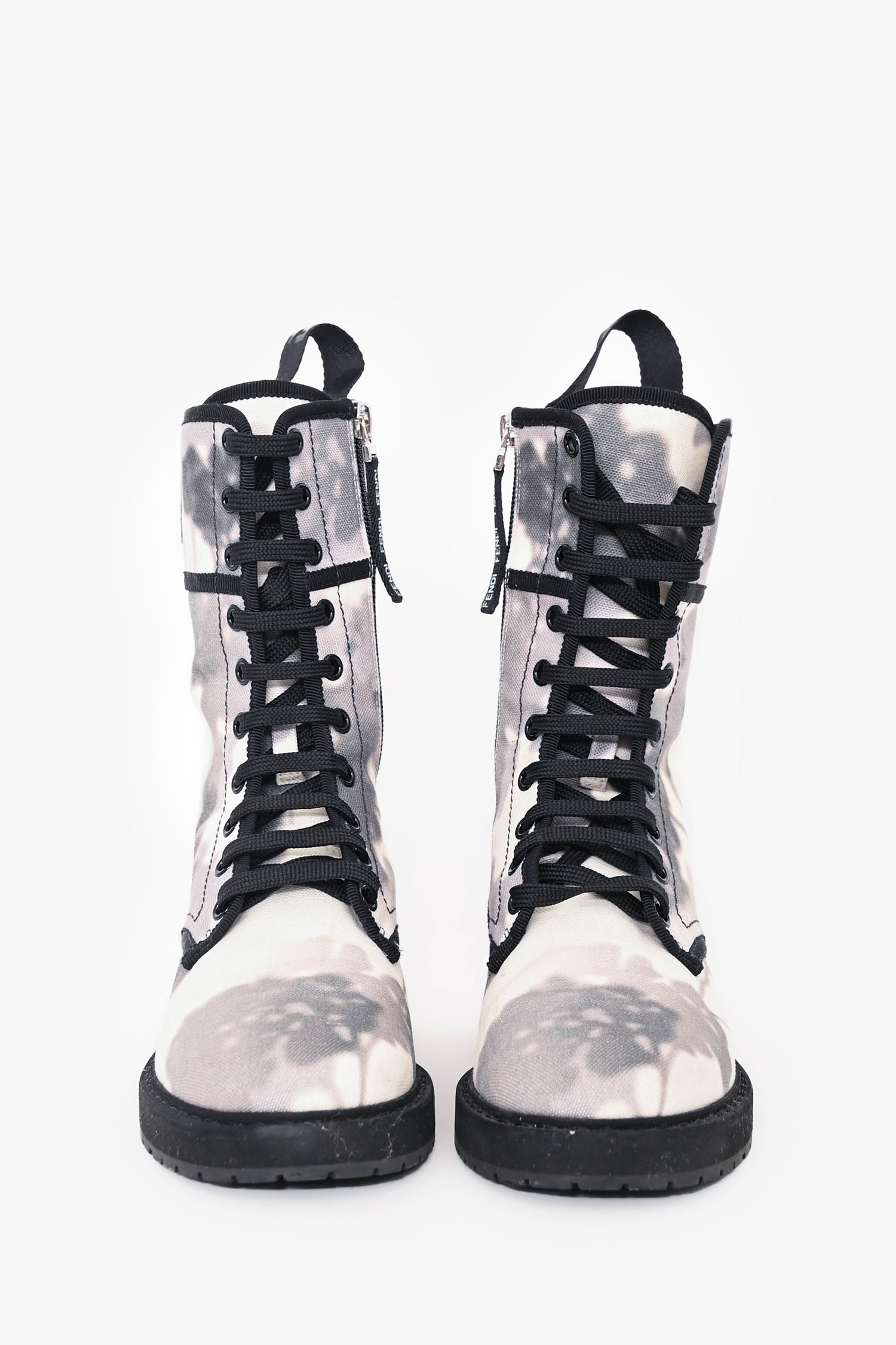 Fendi White/Grey Canvas Printed Combat Boots Size 36