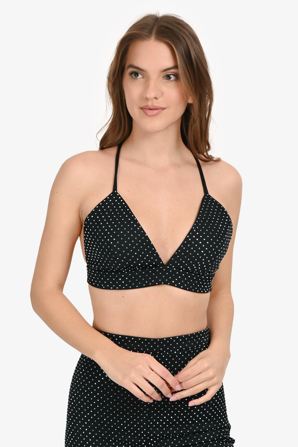 Nadine Merabi Black Crystal Embellished Bustier Top Size S