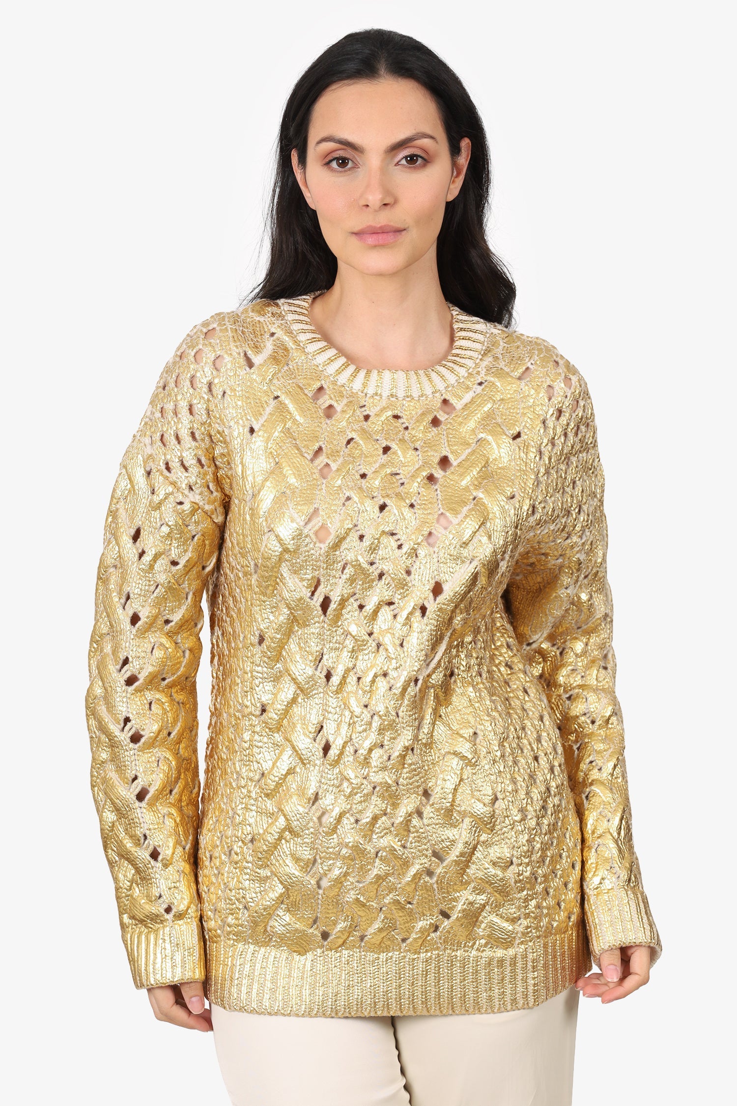 Valentino Gold/Cream Wool Cable Knit Painted Sweater Size XS