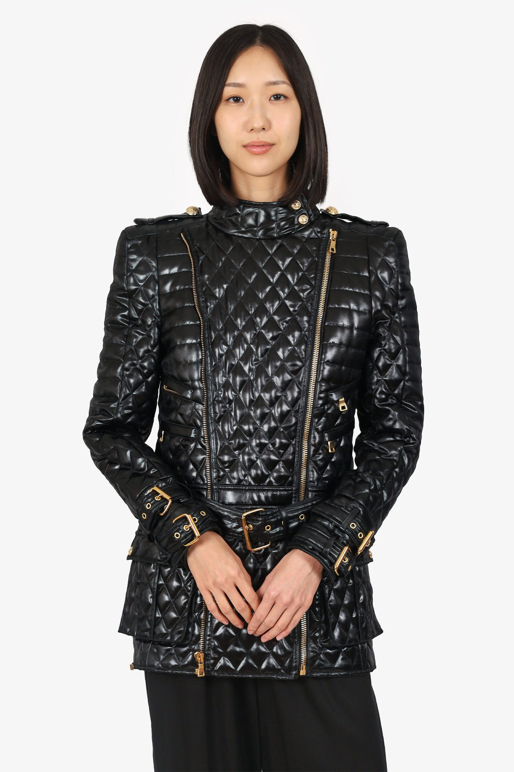Balmain Black Quilted Padded Belted Coat Size 42