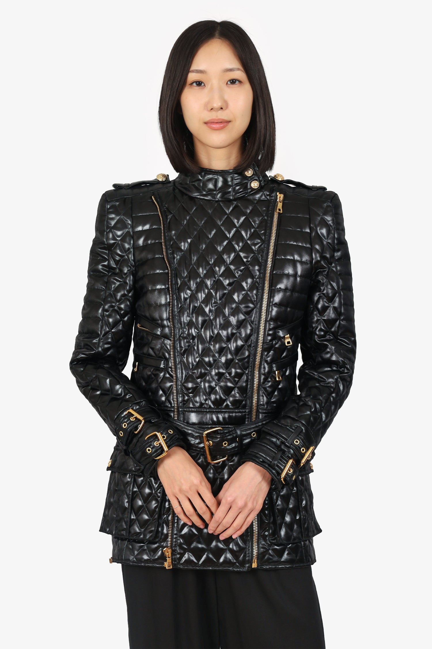 Balmain Black Quilted Padded Belted Coat Size 42