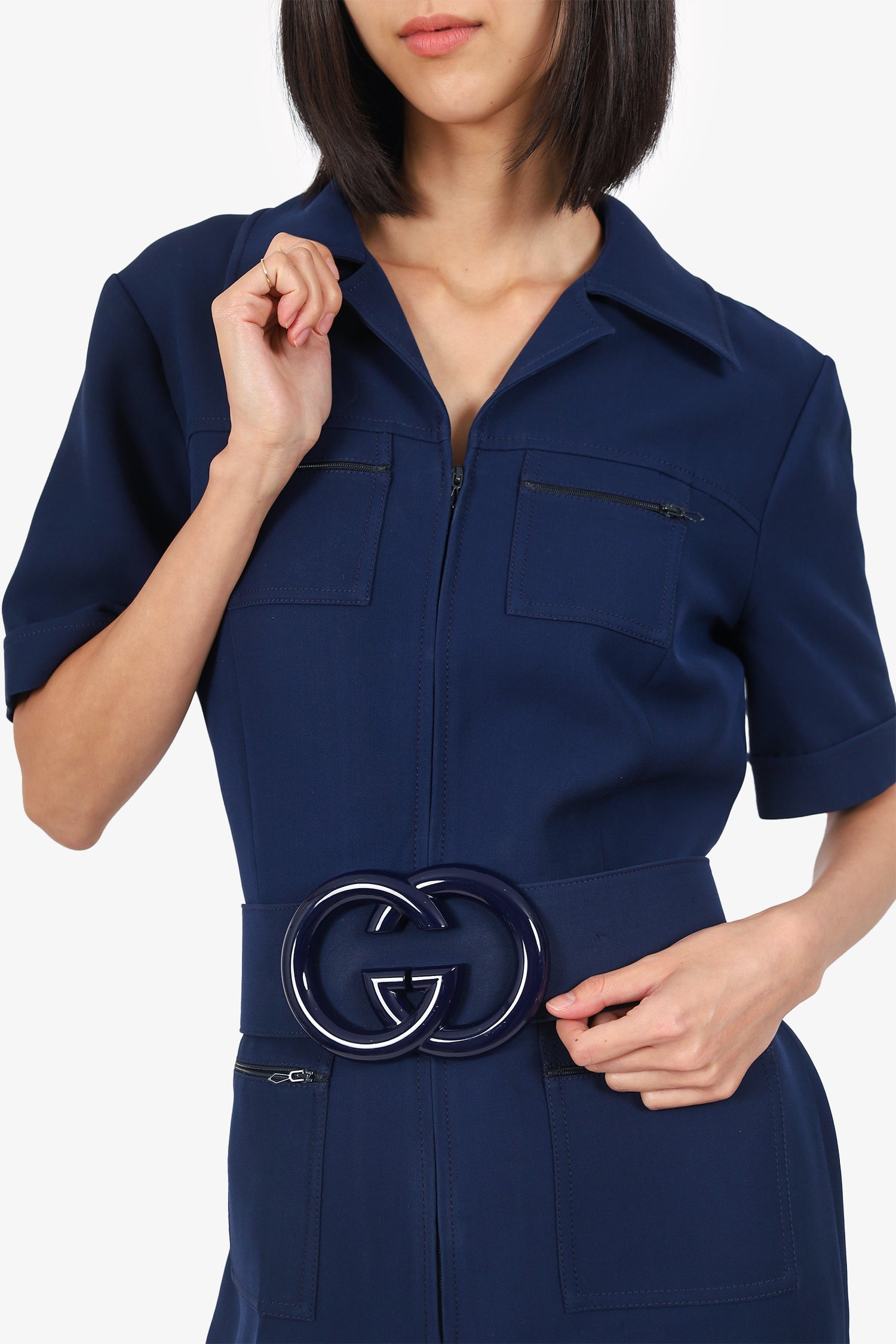 Gucci Navy Blue Wool Utility 'GG' Belted Jumpsuit Size 48