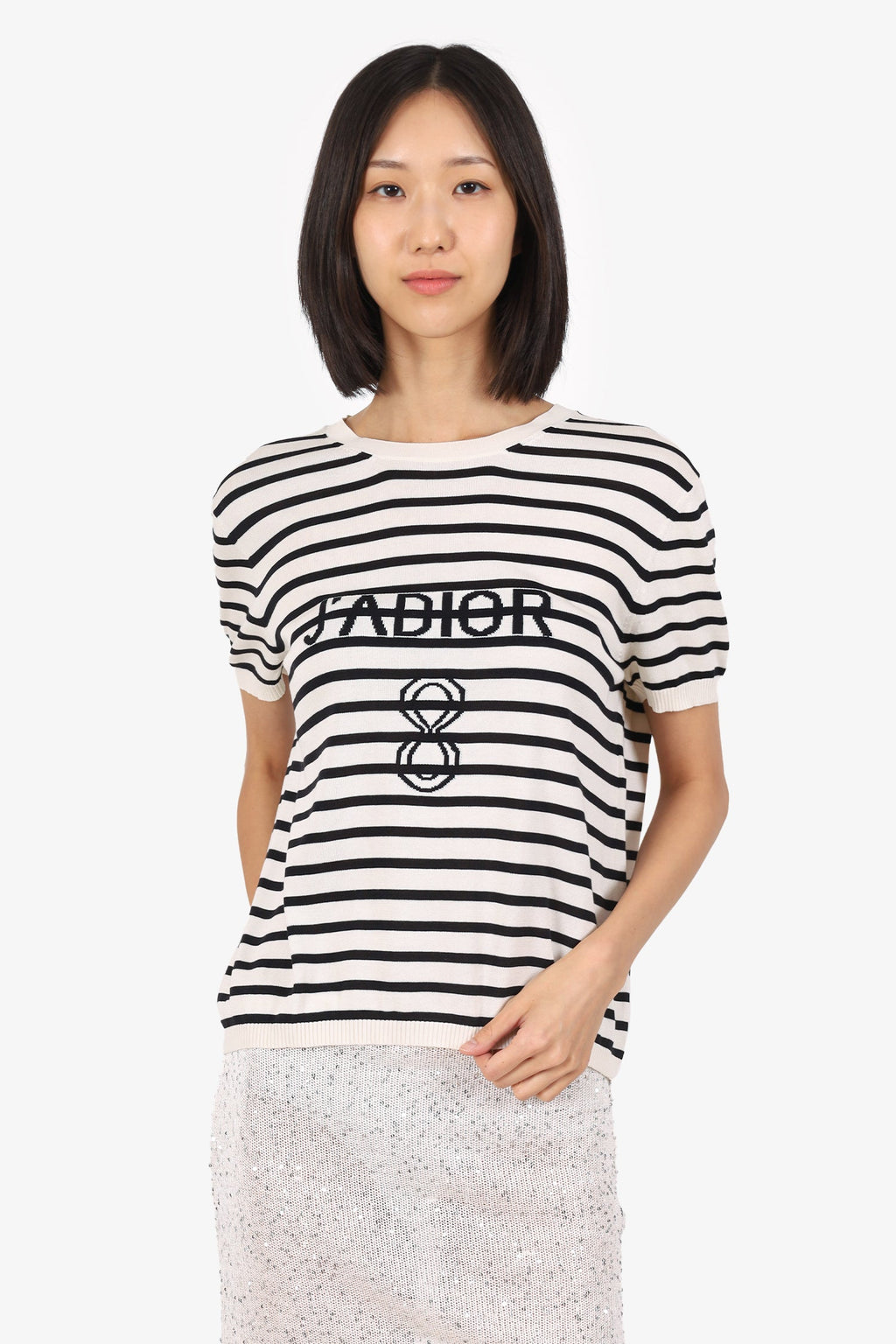 Christian Dior Black/White Silk Knit Striped 'J'Adior' Logo Short Sleeve Top Size 12