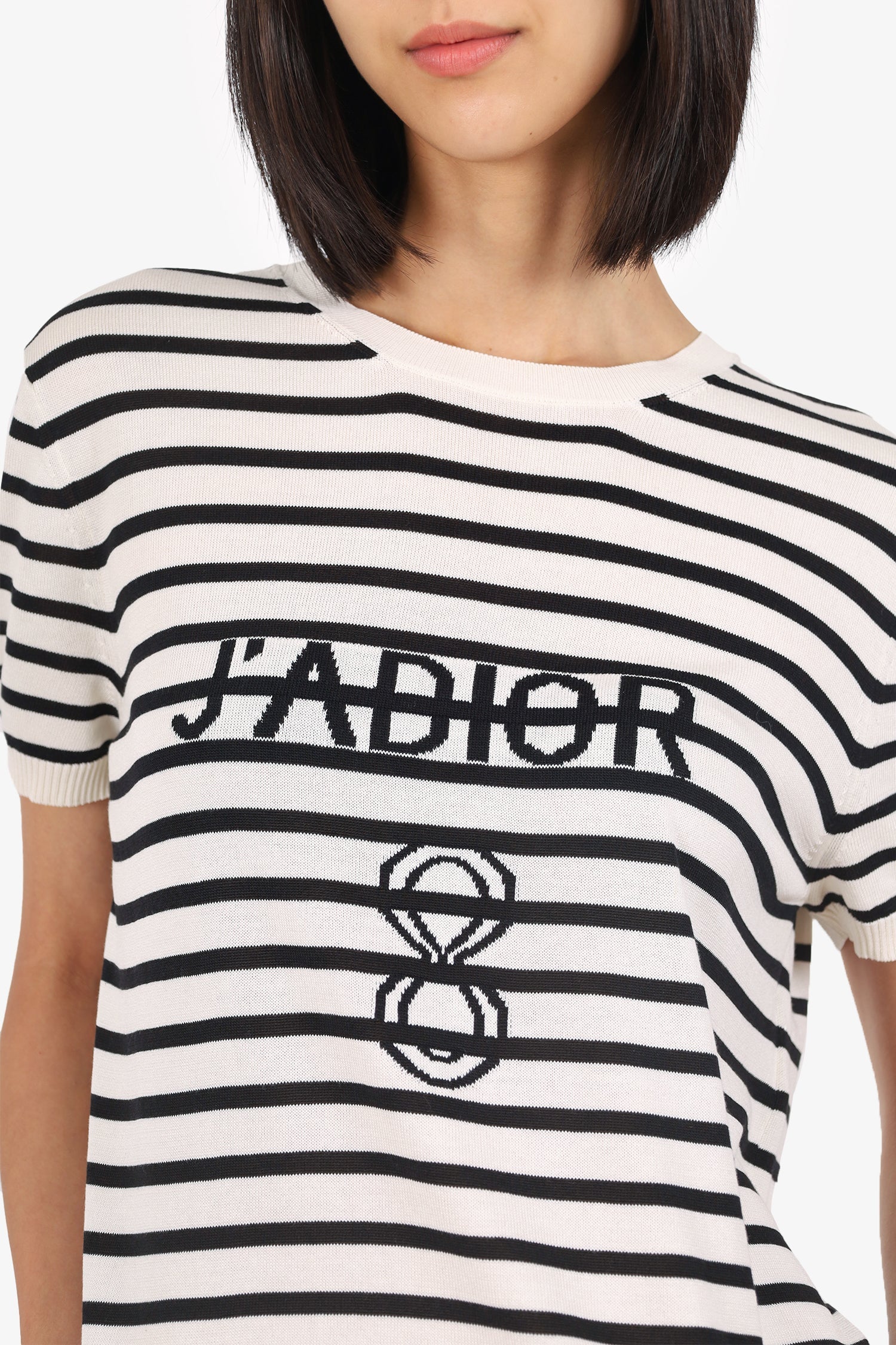 Christian Dior Black/White Silk Knit Striped 'J'Adior' Logo Short Sleeve Top Size 12