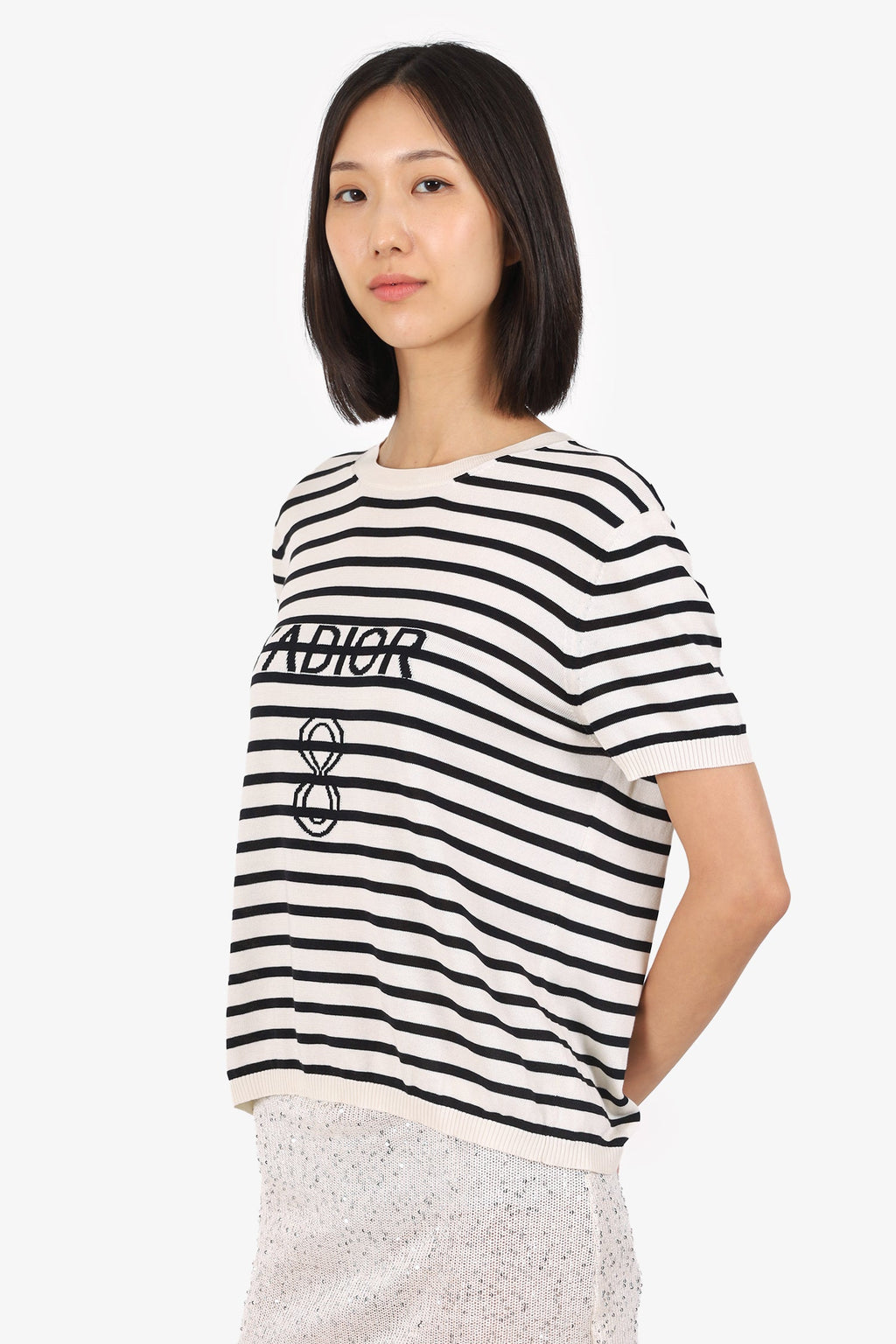 Christian Dior Black/White Silk Knit Striped 'J'Adior' Logo Short Sleeve Top Size 12