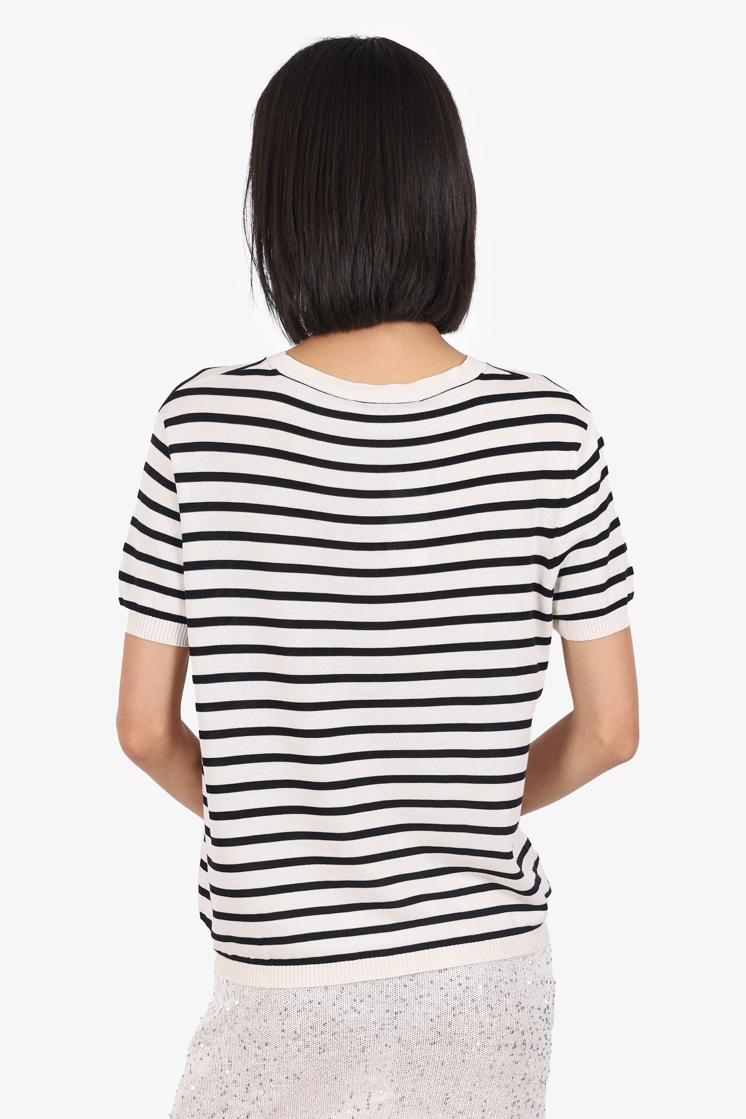 Christian Dior Black/White Silk Knit Striped 'J'Adior' Logo Short Sleeve Top Size 12