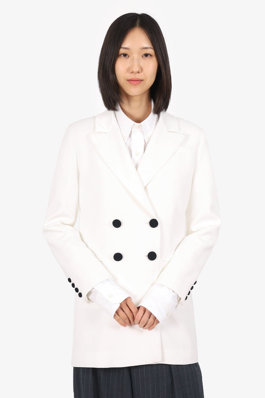 Self-Portrait White/Black Button Detail Satin Double Breasted Blazer Size 4