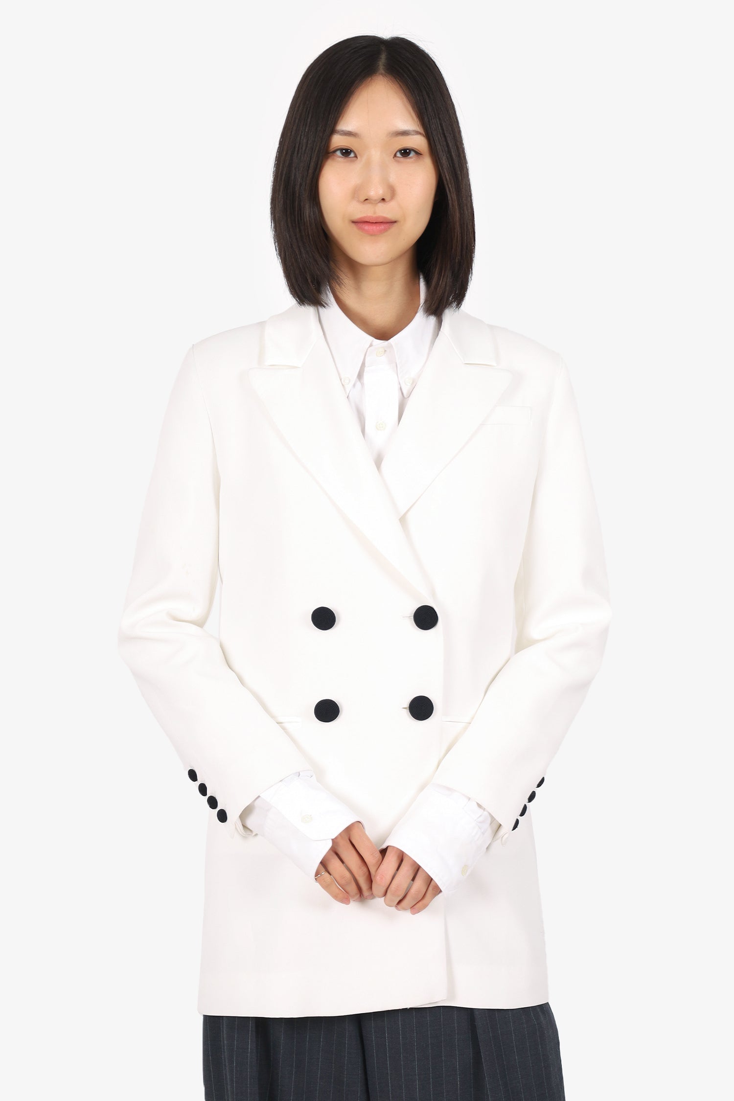 Self-Portrait White/Black Button Detail Satin Double Breasted Blazer Size 4