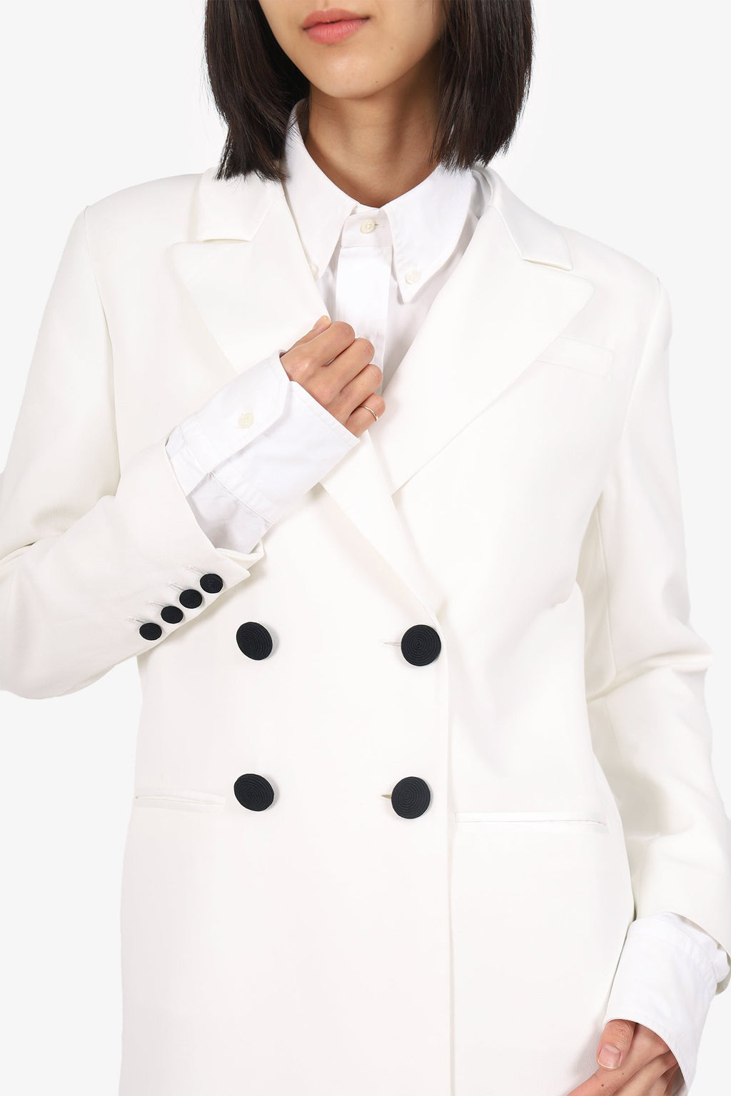 Self-Portrait White/Black Button Detail Satin Double Breasted Blazer Size 4