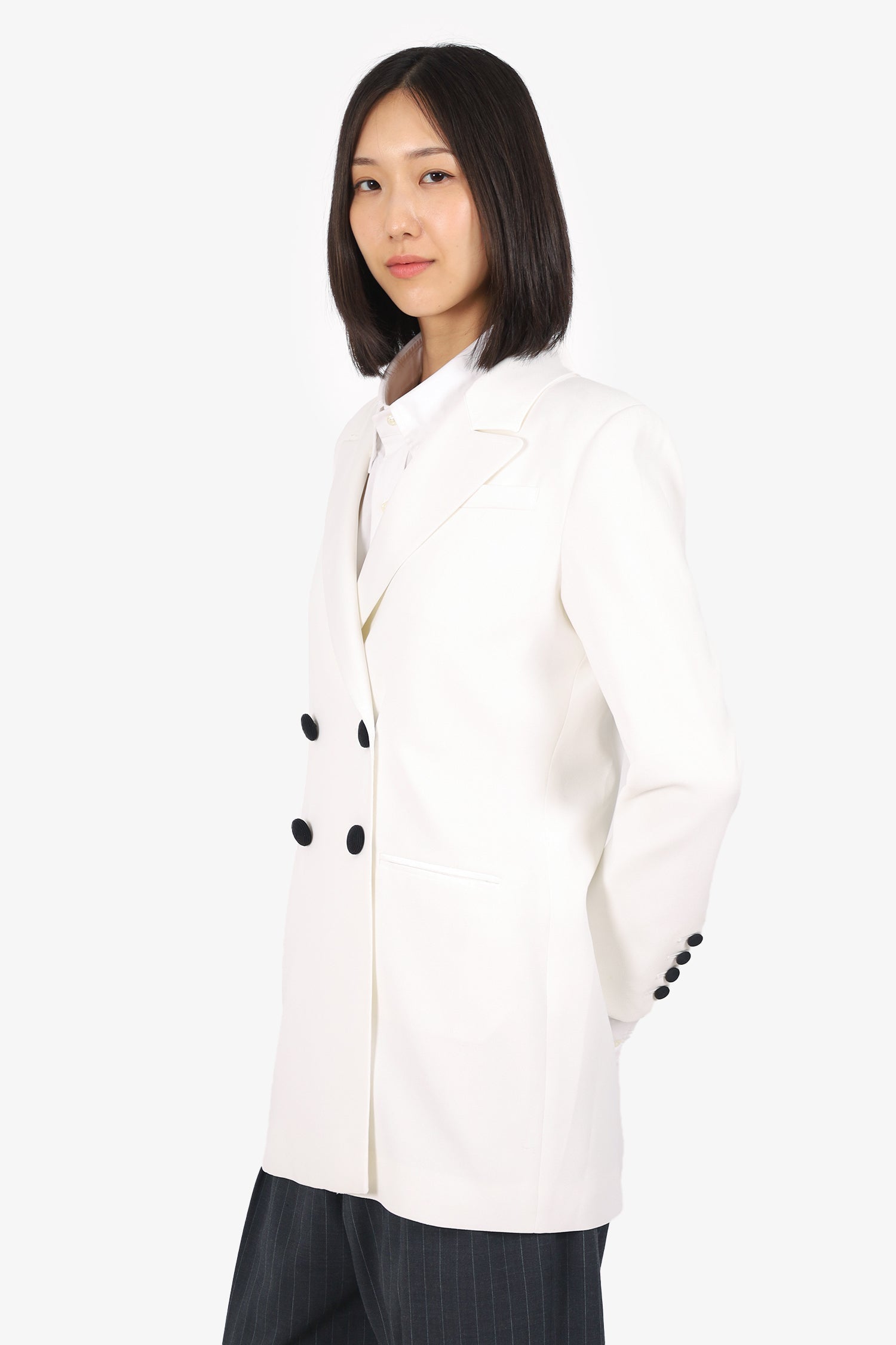 Self-Portrait White/Black Button Detail Satin Double Breasted Blazer Size 4