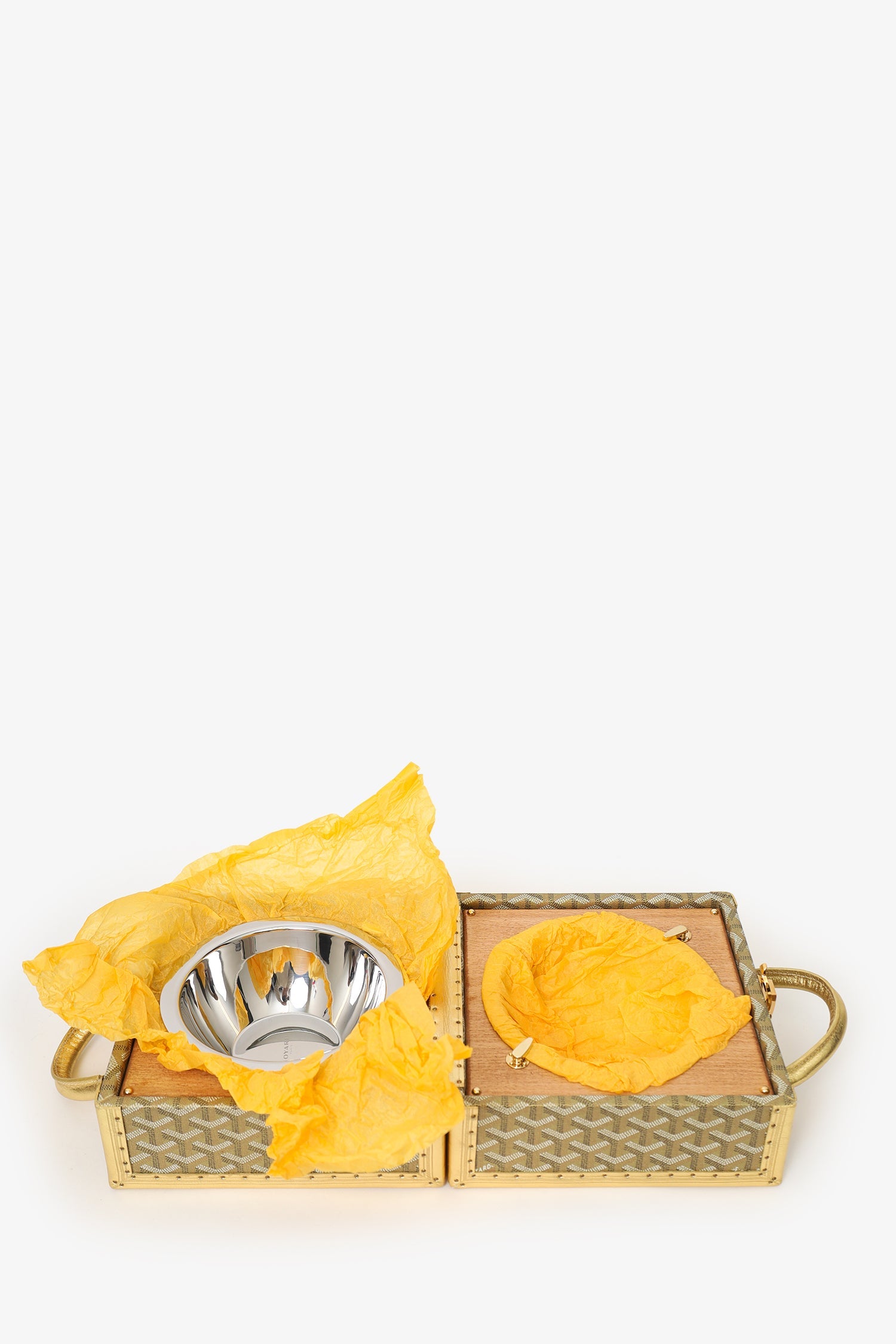 Goyard Gold Canvas Goyardine Travel Pet Bowl 'Ecuelle de Voyage' Trunk