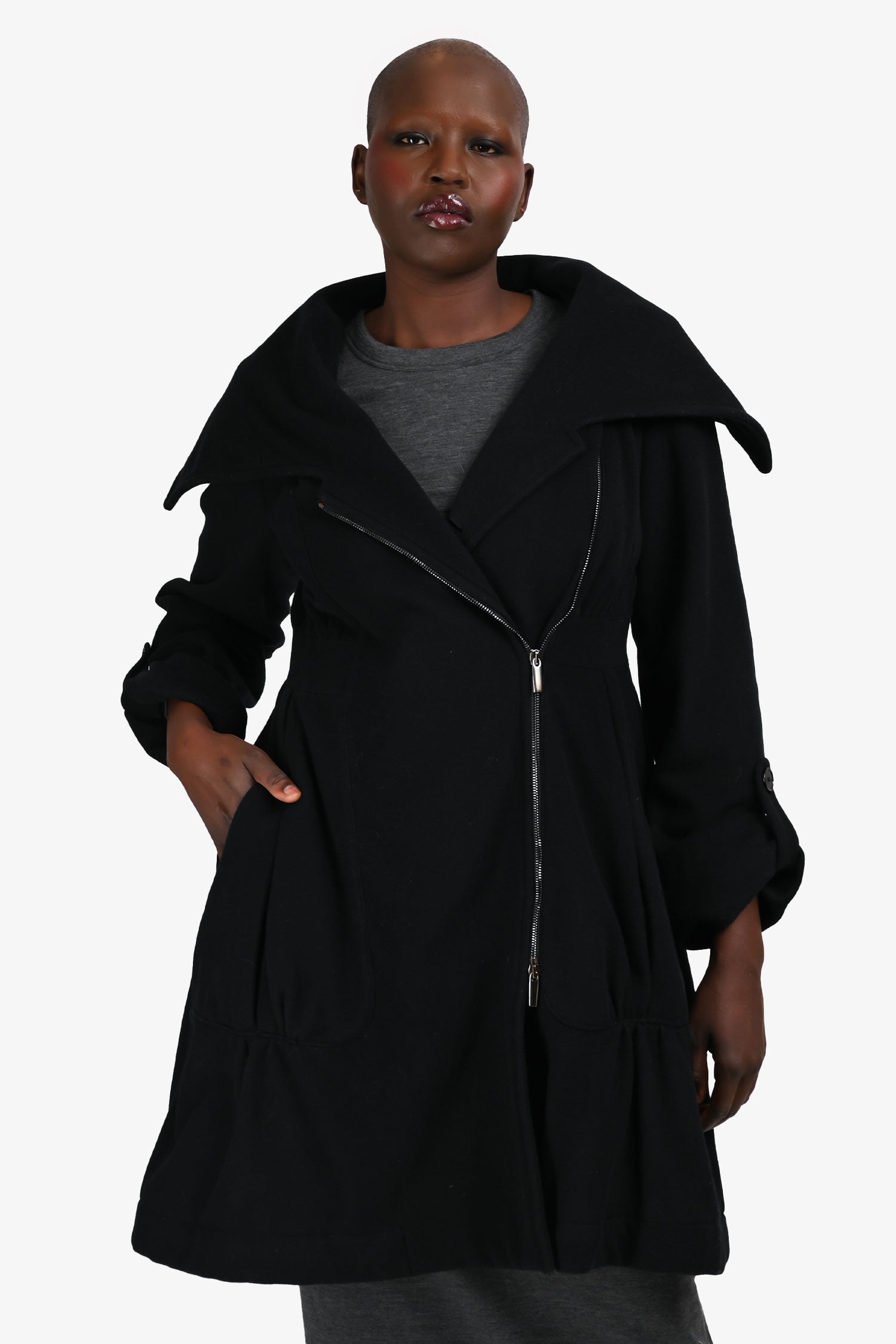 Max Mara Black Wool Long Ruched Detail Zip Up Jacket Size 12