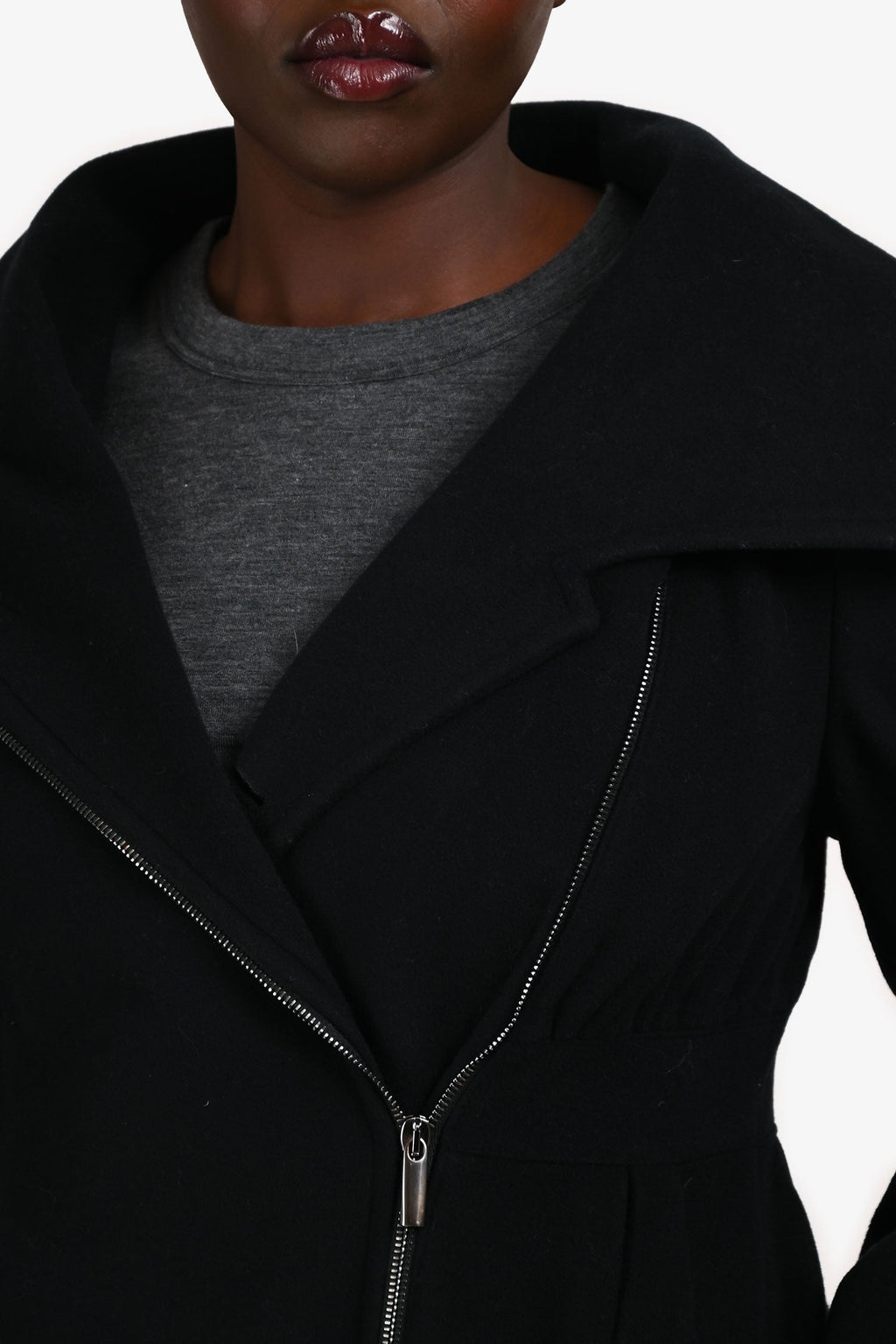 Max Mara Black Wool Long Ruched Detail Zip Up Jacket Size 12