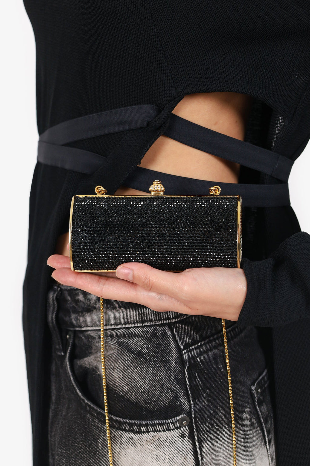 Judith Leiber Black/Gold Crystal Rectangular Clutch on Chain