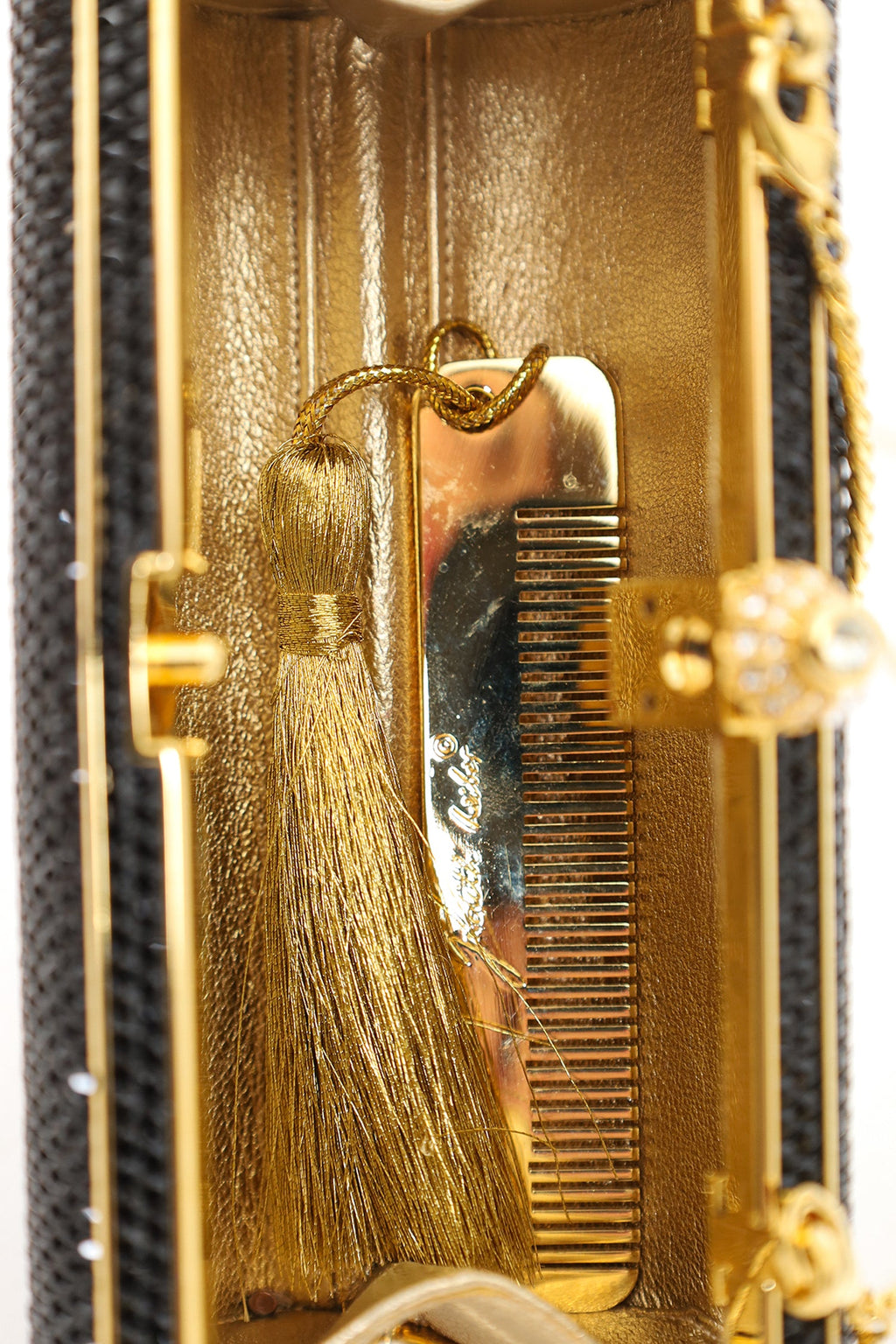 Judith Leiber Black/Gold Crystal Rectangular Clutch on Chain